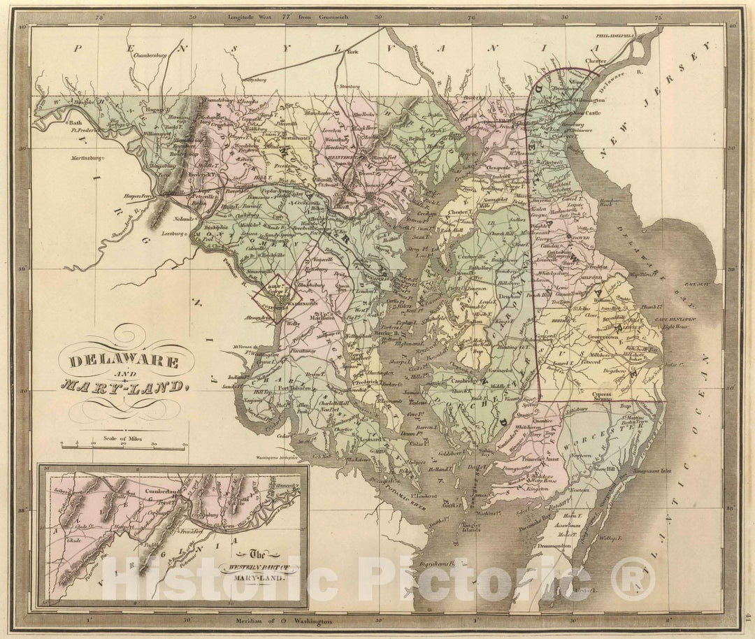 Historic Map : 1848 Delaware And Mary-land. - Vintage Wall Art