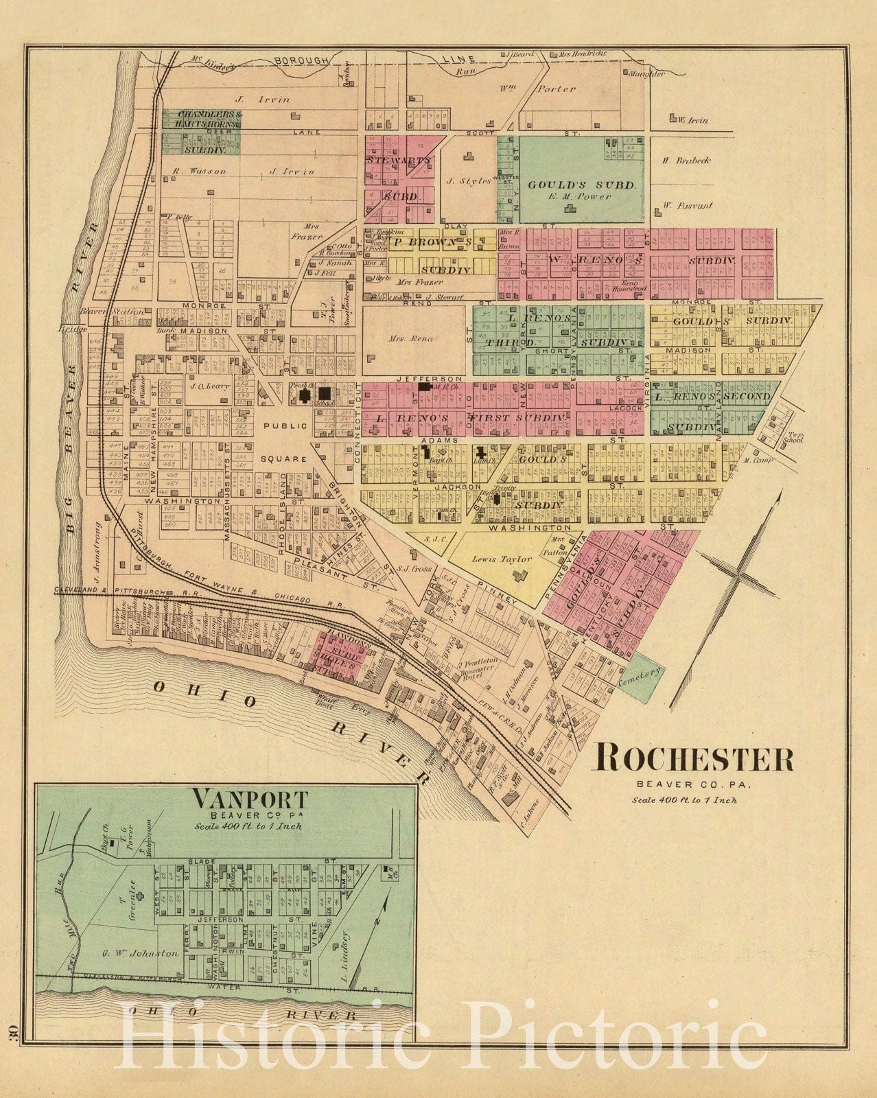 Historic Map : Rochester (Pa.), Pennsylvania, 1877 Rochester, Beaver Co, Pa. (with) Vanport, Beaver Co, Pa. , Vintage Wall Art