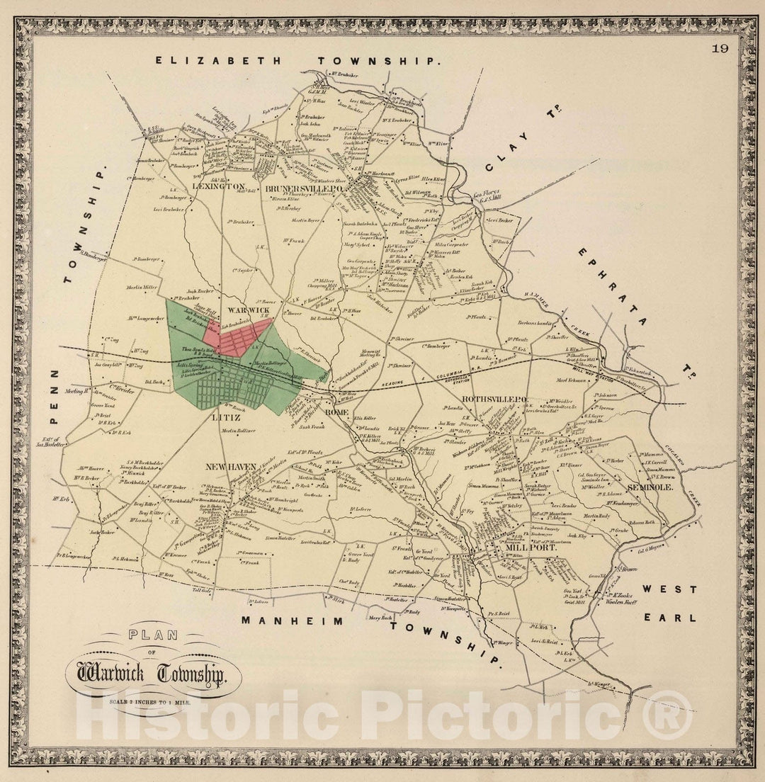 Historic Wall Map : 1864 Warwick Township, Lancaster County, Pennsylvania. - Vintage Wall Art