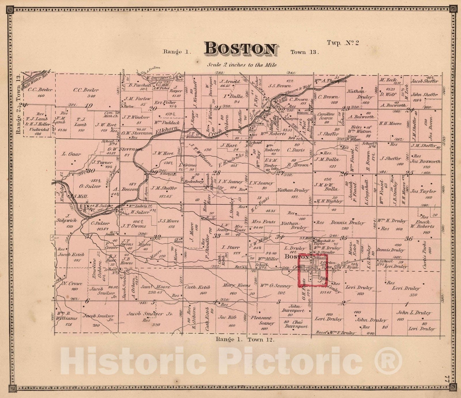 Historic Map : 1874 Boston, Wayne County, Indiana. - Vintage Wall Art