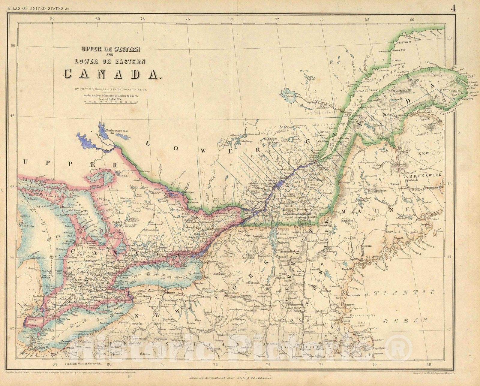 Historic Map : National Atlas - 1857 Upper Or Western And Lower Or Eastern Canada. - Vintage Wall Art