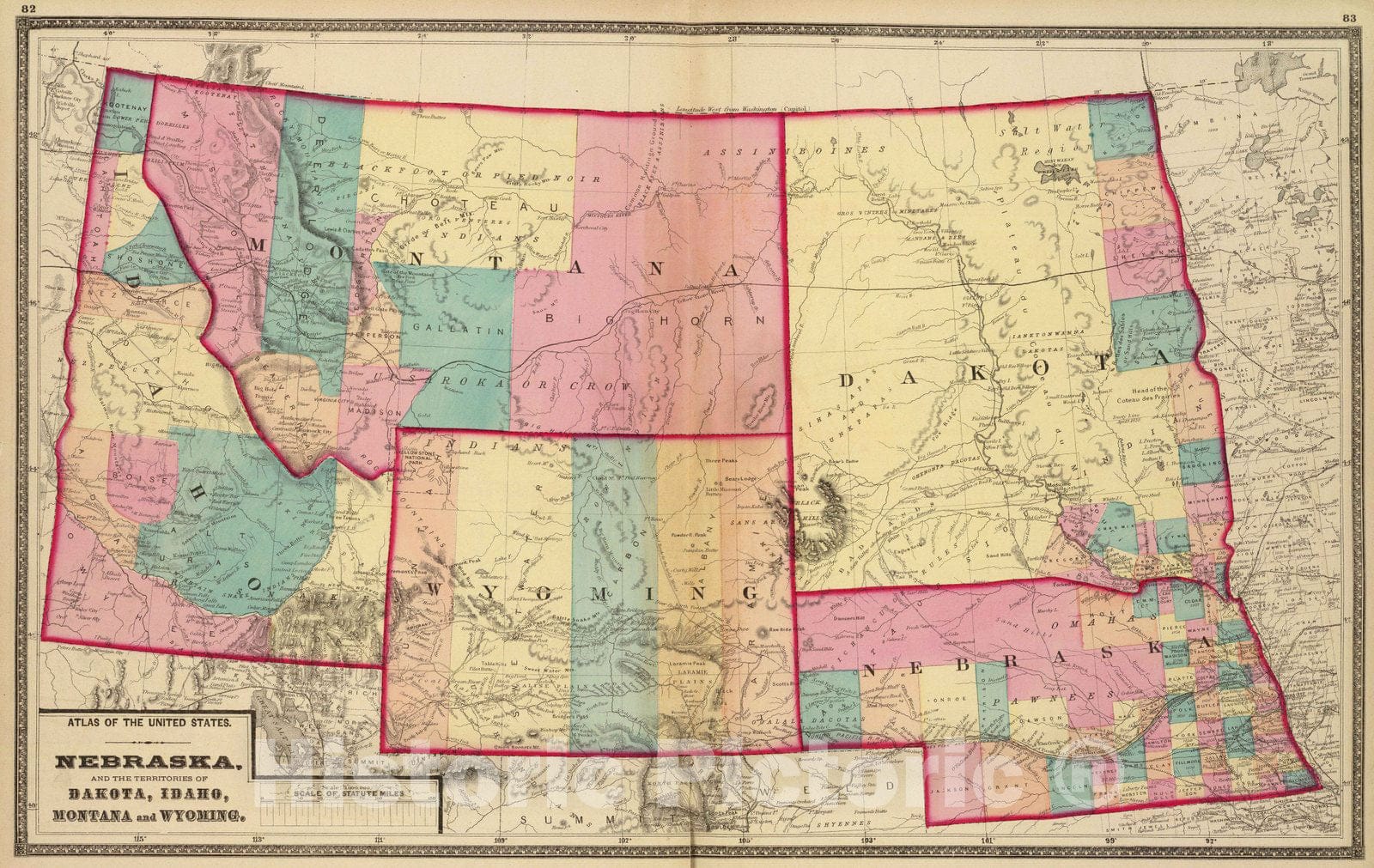 Historic Map : 1872 Nebraska, and the territories of Dakota, Idaho, Montana and Wyoming. - Vintage Wall Art