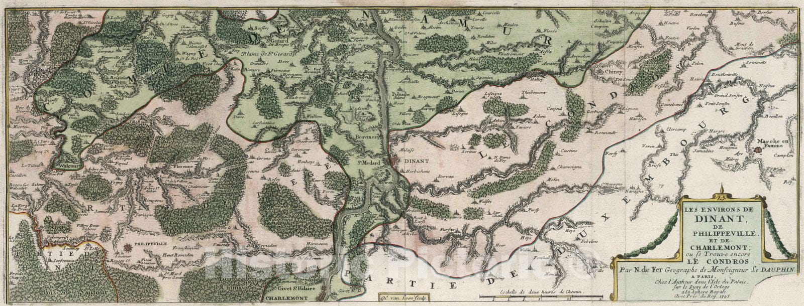 Historic Map : Meuse River (Belgium) 1705 Les Environs de Dinant, de Philippeville, et de Charlemont. , Vintage Wall Art