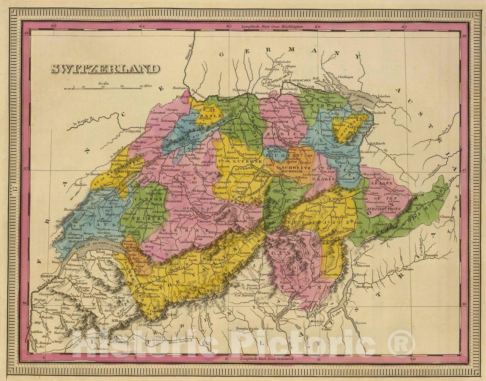 Historic Map : 1845 Switzerland. v1 - Vintage Wall Art