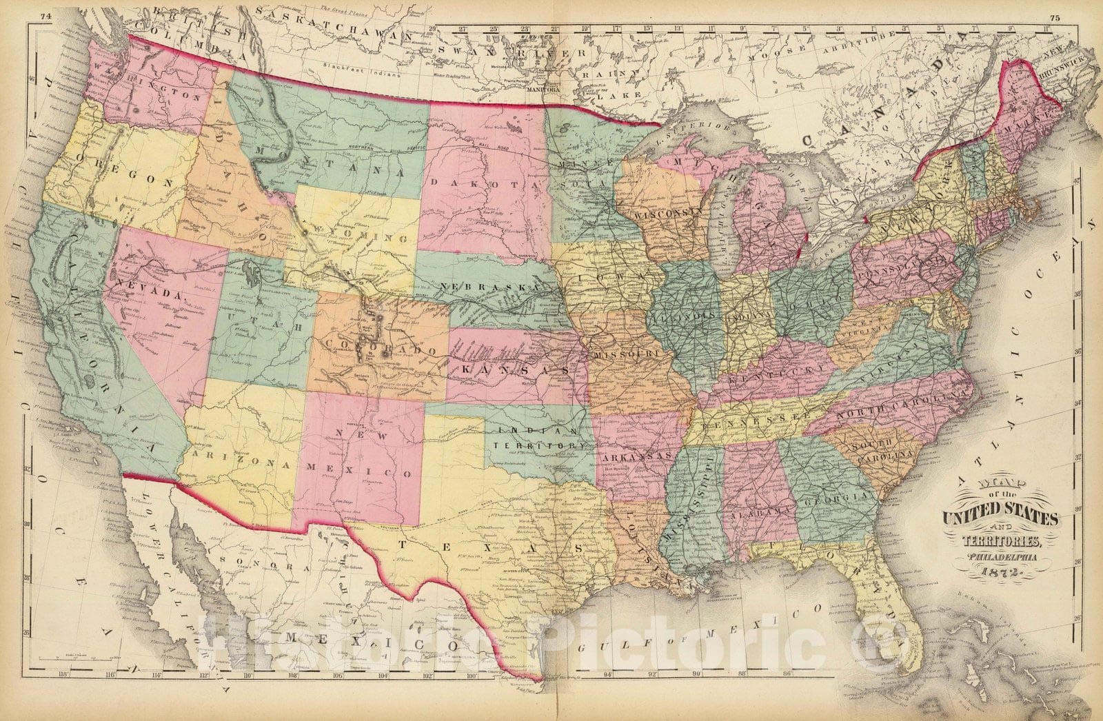 Historic Map : 1872 Map of the United States and Territories. - Vintage Wall Art