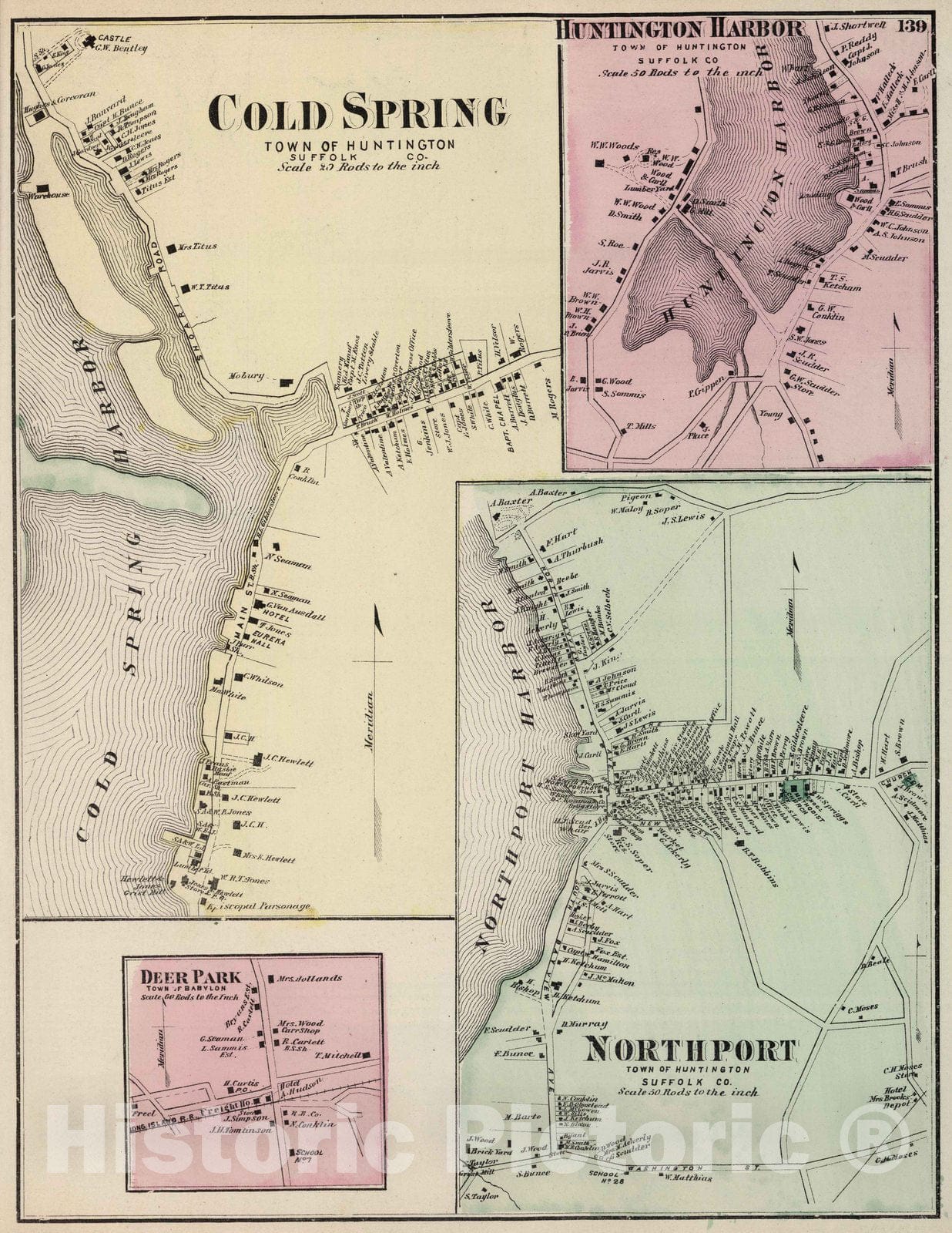 Historic Map : 1873 Cold Spring, Huntington Harbor, North Fork. Deer Park in Babylon. Long Island. - Vintage Wall Art