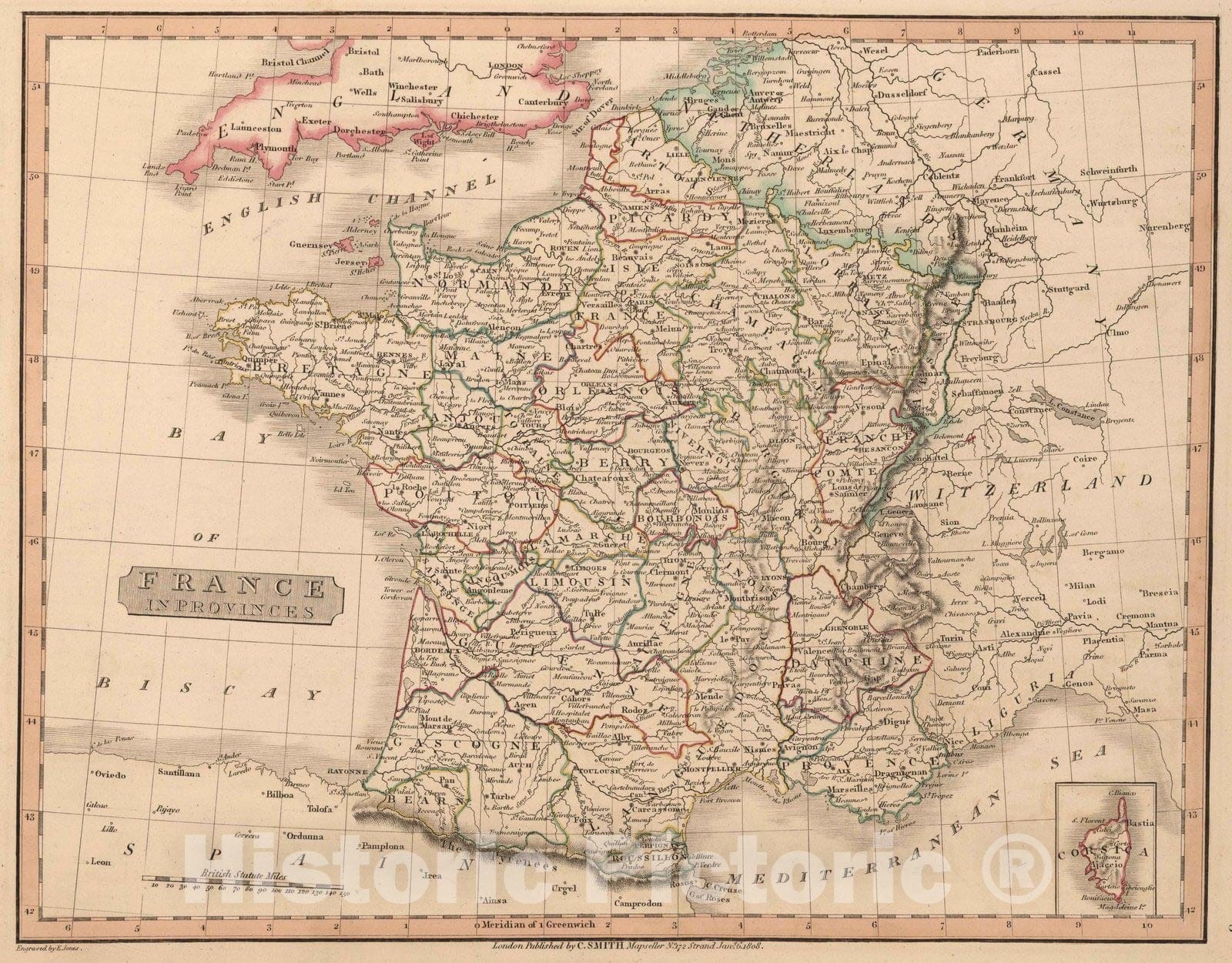 Historic Map : 1808 France in Provinces. - Vintage Wall Art