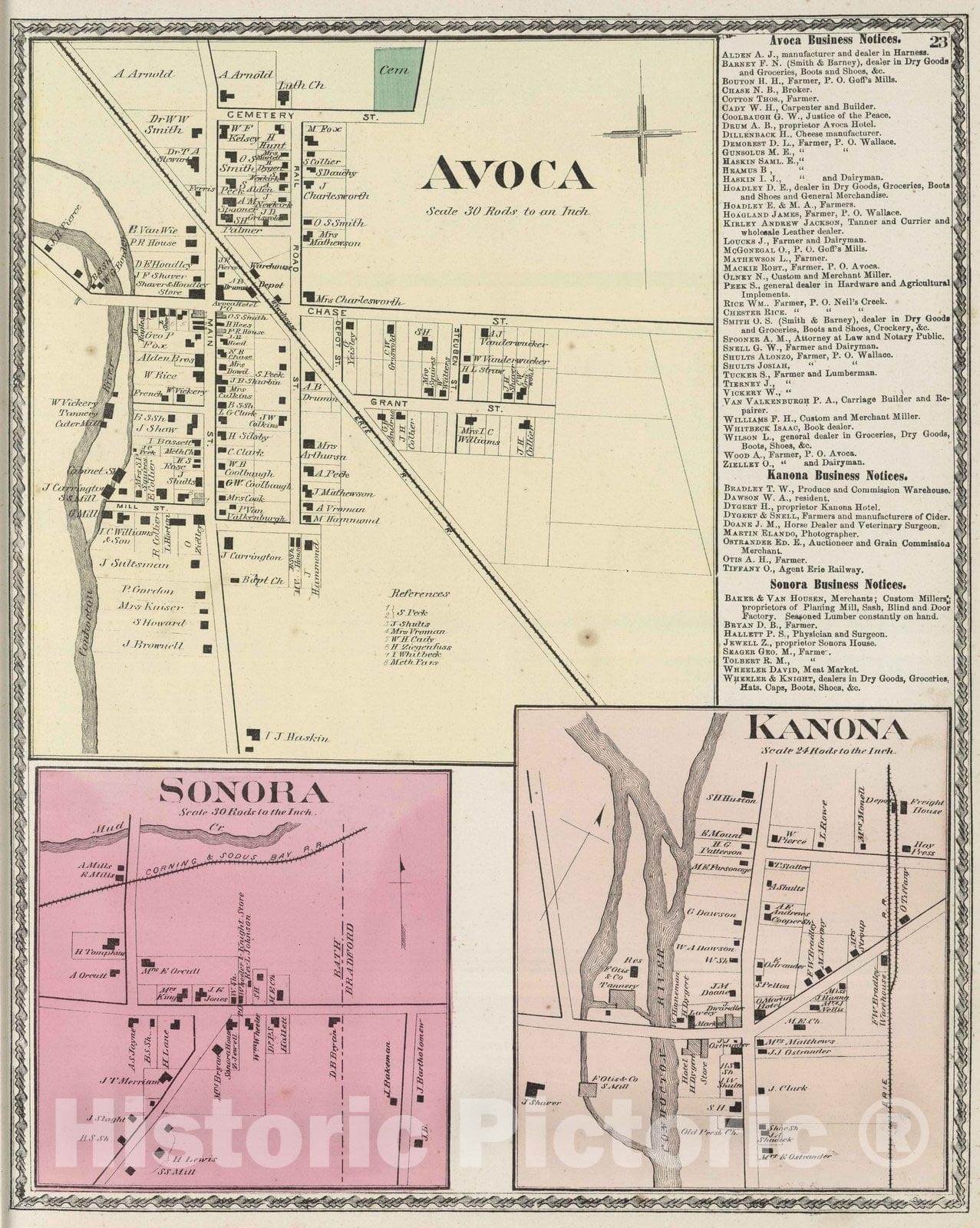 Historic Map : Avoca (N.Y.), 1873 Avoca. Sonora. Kanona. , Vintage Wall Art