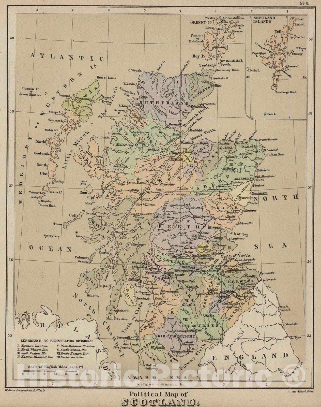 Historic Map : 1880 Political Map of Scotland. - Vintage Wall Art