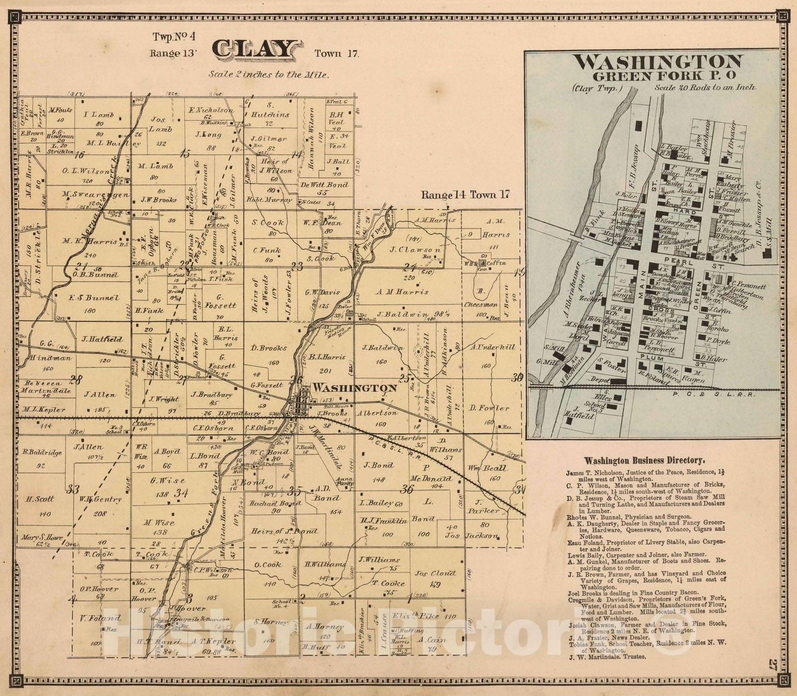 Historic Map : 1874 Clay Township, Wayne County, Indiana. Washington, Green Fork P.O. - Vintage Wall Art