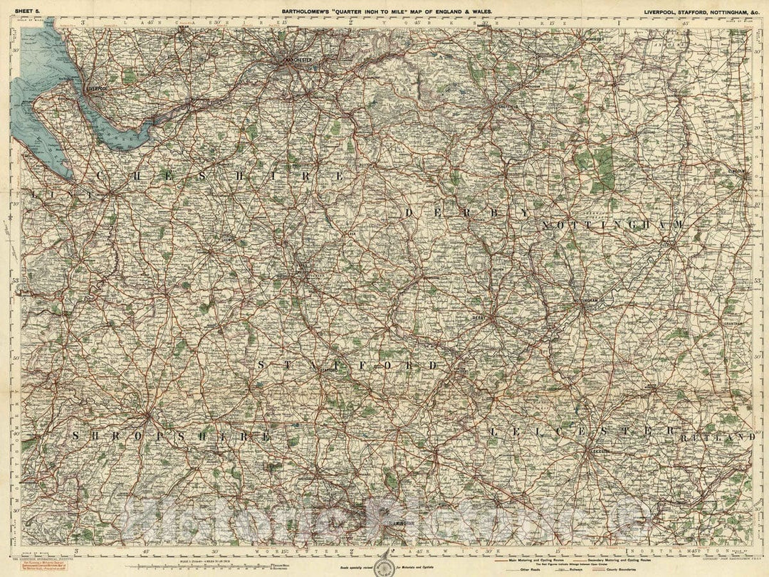 Historic Map : National Atlas - 1921 Sheet 5. Liverpool, Stafford, Nottingham, c. - Vintage Wall Art