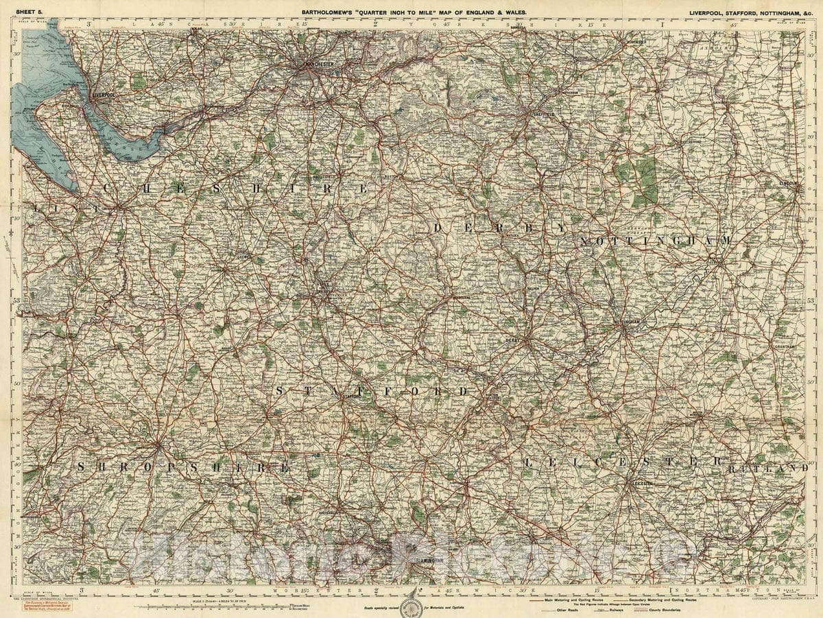 Historic Map : National Atlas - 1921 Sheet 5. Liverpool, Stafford, Nottingham, c. - Vintage Wall Art