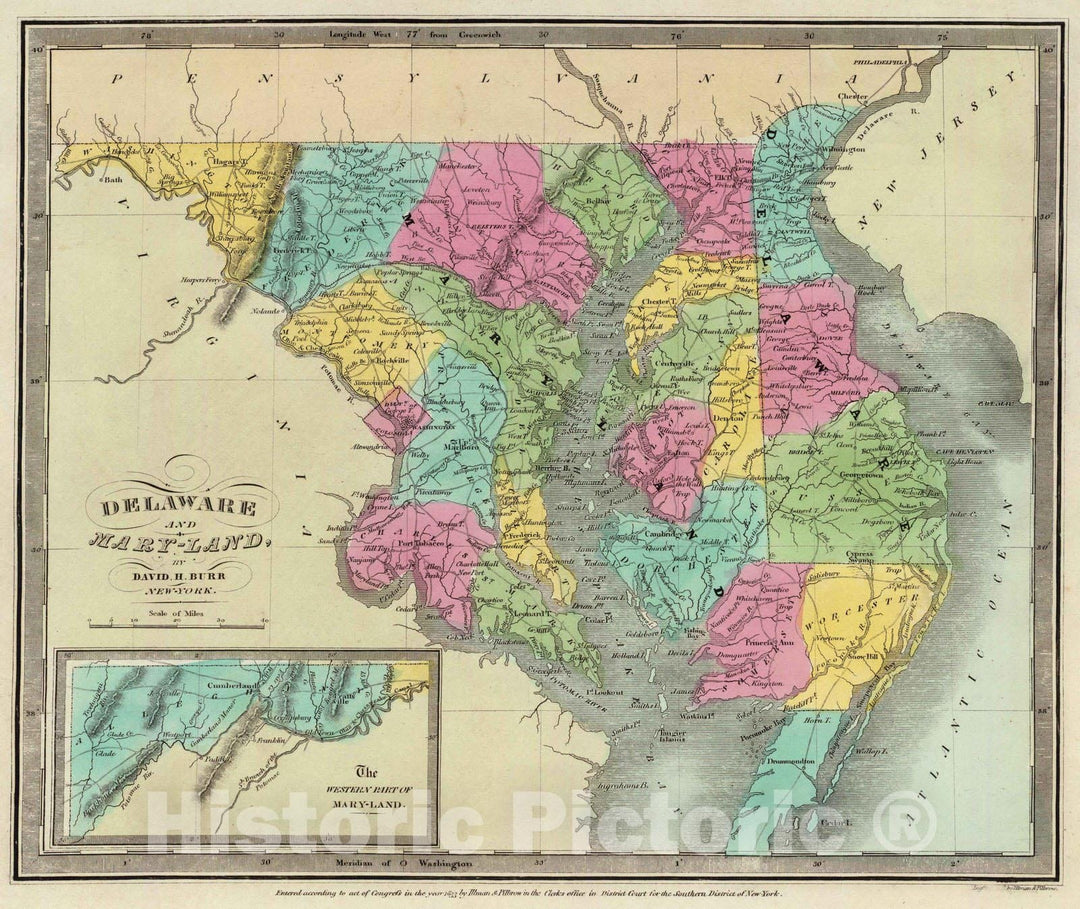 Historic Wall Map : 1835 Delaware And Mary-land. - Vintage Wall Art