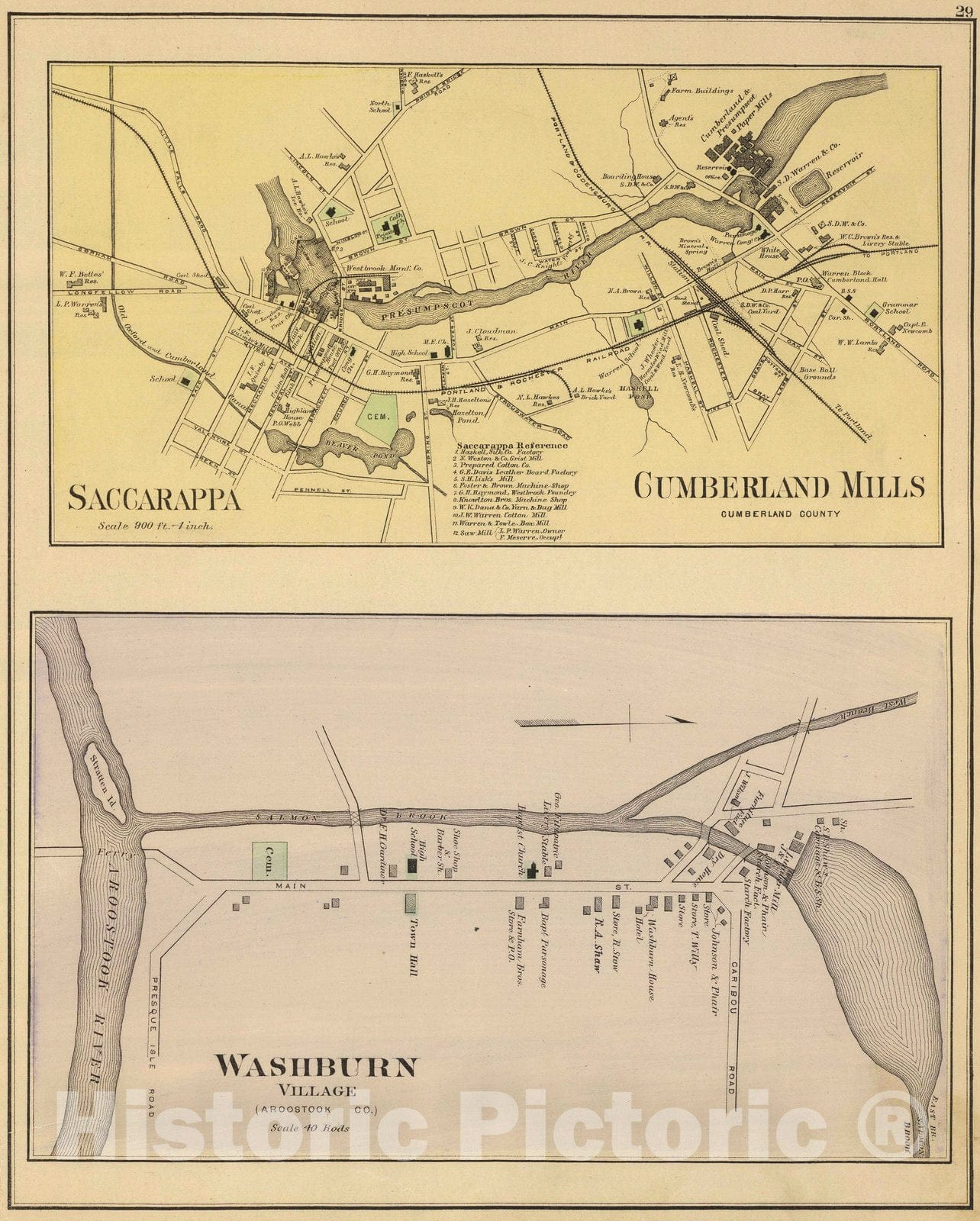 Historic Map : 1885 Saccarappa, Cumberland Mills, Washburn Village. - Vintage Wall Art