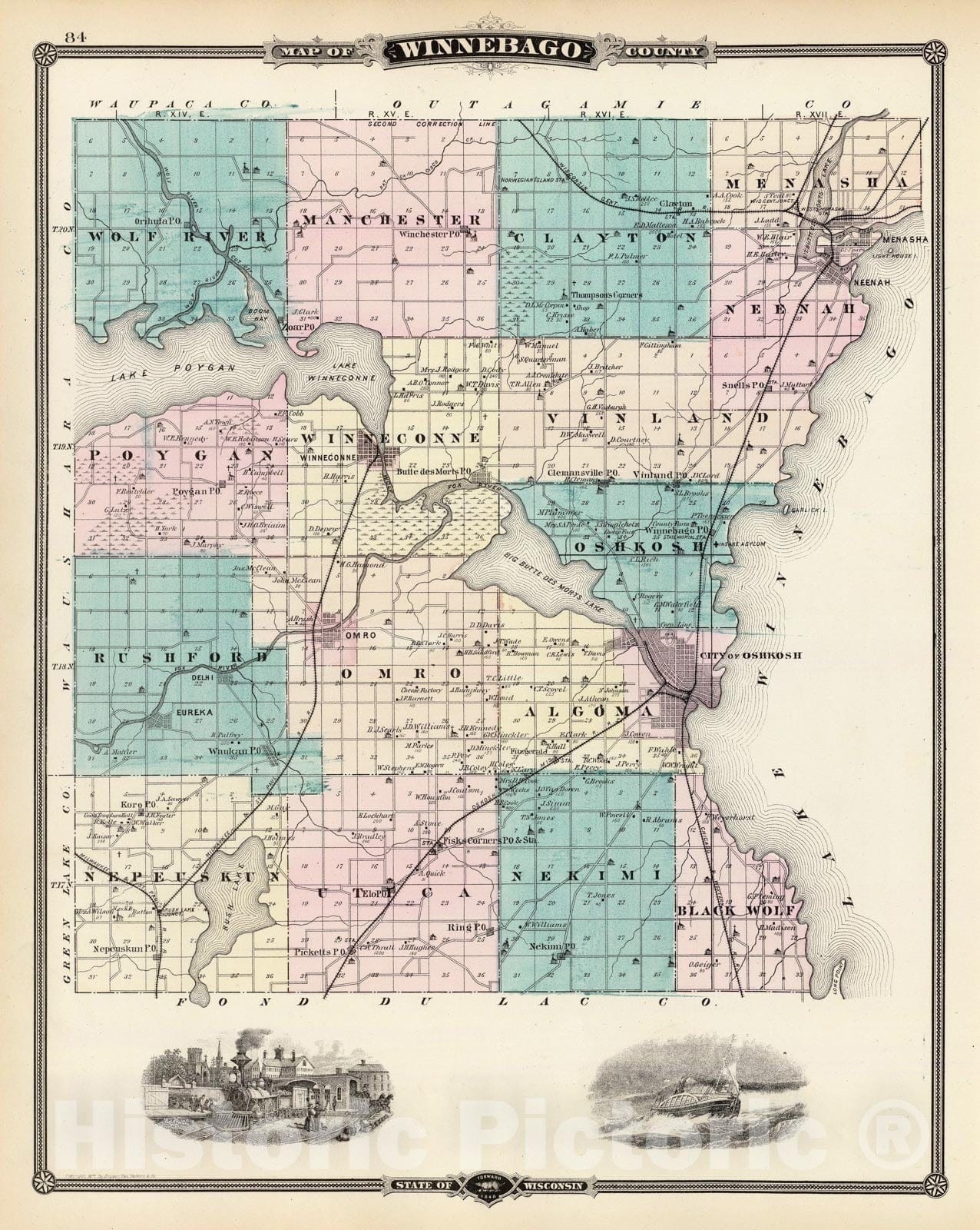 Historic Map - 1878 Map of Winnebago County, State of Wisconsin. - Vintage Wall Art