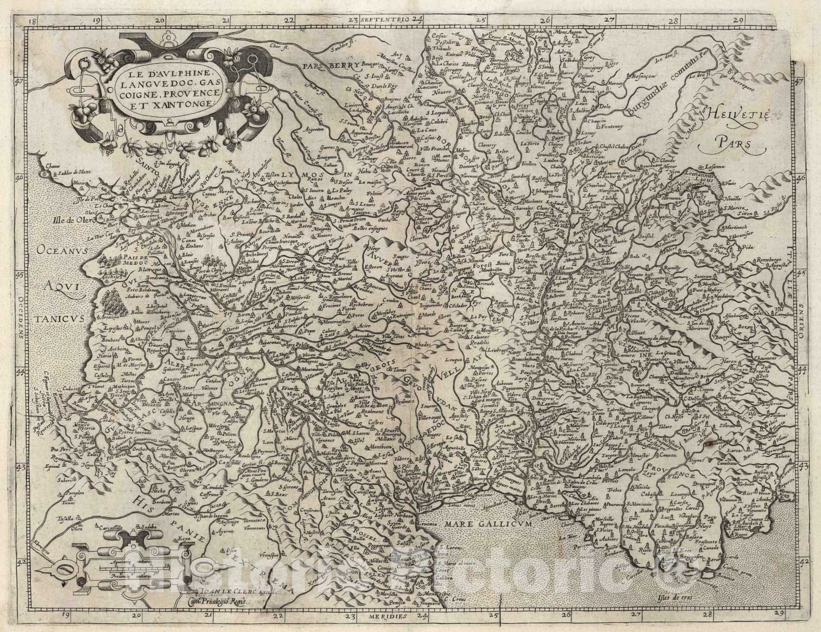 Historic Map : France, Rhone River , France 1632 Le D'Aulphine Languedoc, Gascoigne, Provence et Xaintonge. , Vintage Wall Art