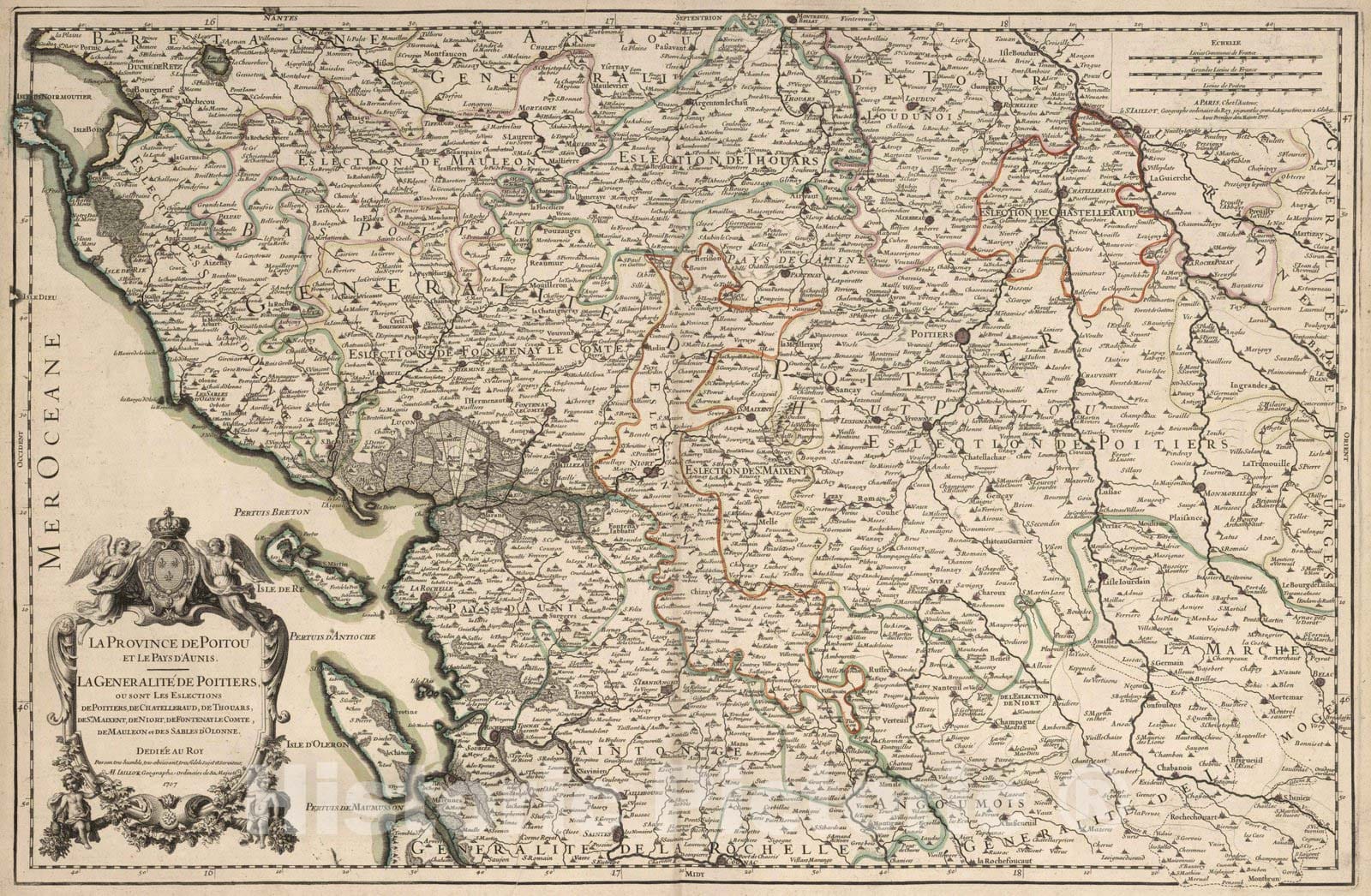 Historic Map : Poitiou , France 1707 La Province de Poitou et le Pays d'Aunis. La Generalite de Poitiers. , Vintage Wall Art
