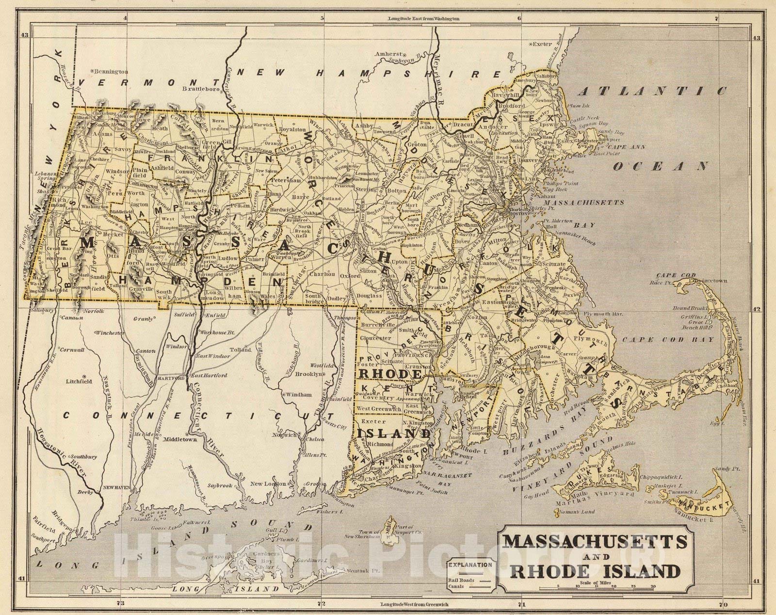 Historic Map : National Atlas - 1845 Mass, R.I. - Vintage Wall Art