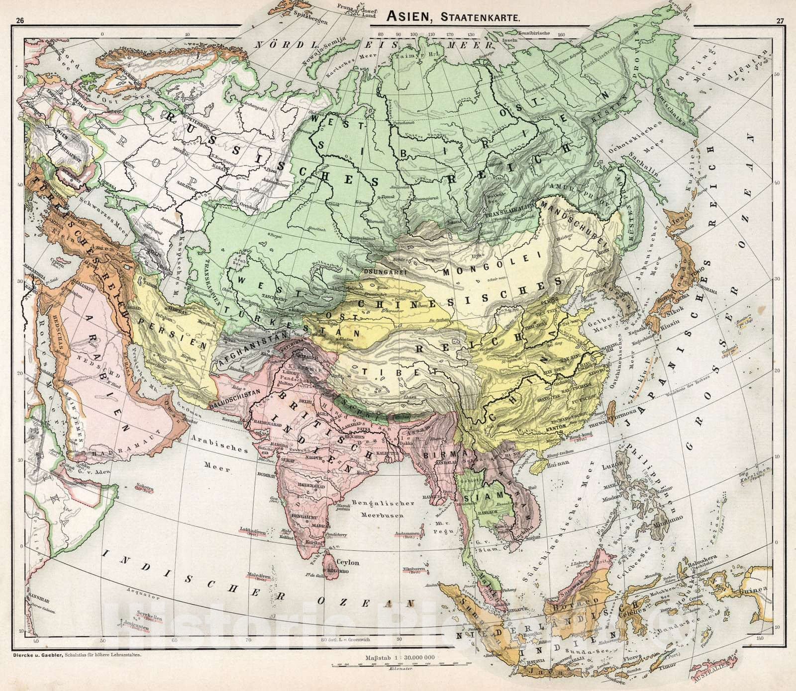 Historic Map : School Atlas - 1896 Asien, staatenkarte - Vintage Wall Art