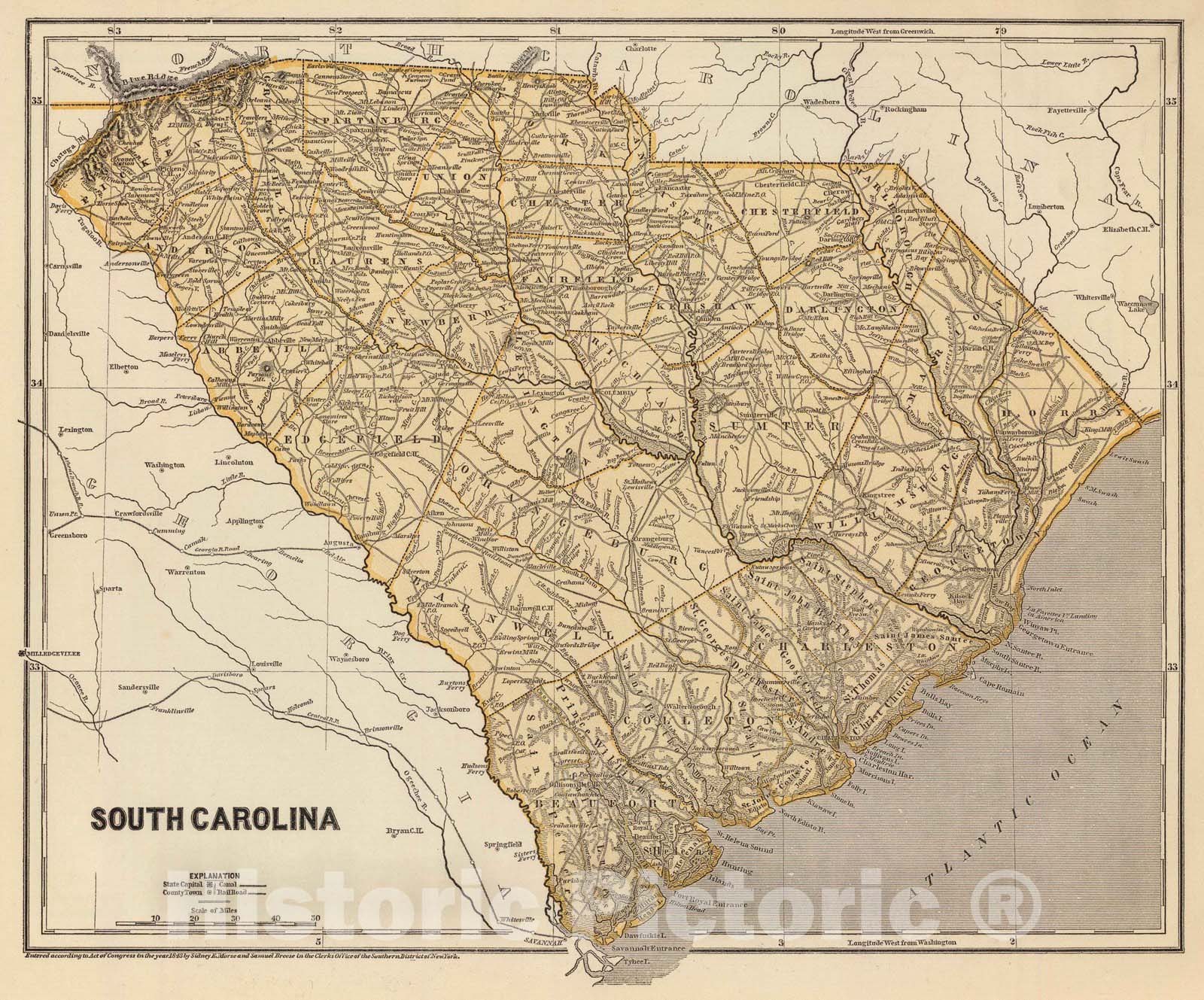 Historic Map : National Atlas - 1845 South Carolina. - Vintage Wall Art