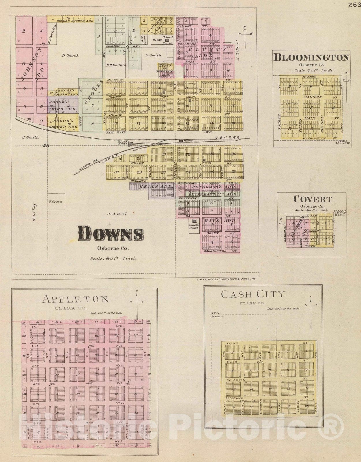 Historic Map : 1887 Downs, Bloomington, Covert, Appleton, Cash City. - Vintage Wall Art