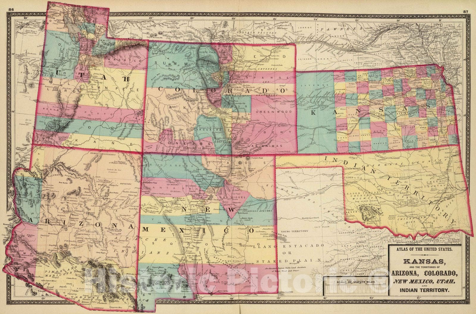 Historic Map 1872 Kansas, and Arizona, Colorado, New Mexico, Utah, a
