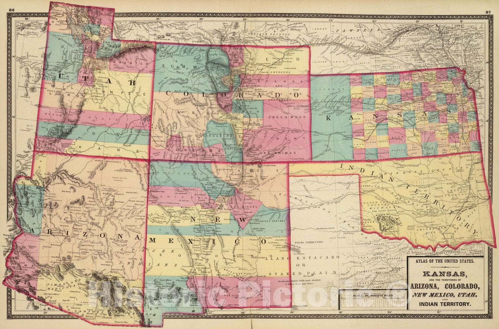 Historic Map : 1872 Kansas, and Arizona, Colorado, New Mexico, Utah, and Indian Territory. - Vintage Wall Art