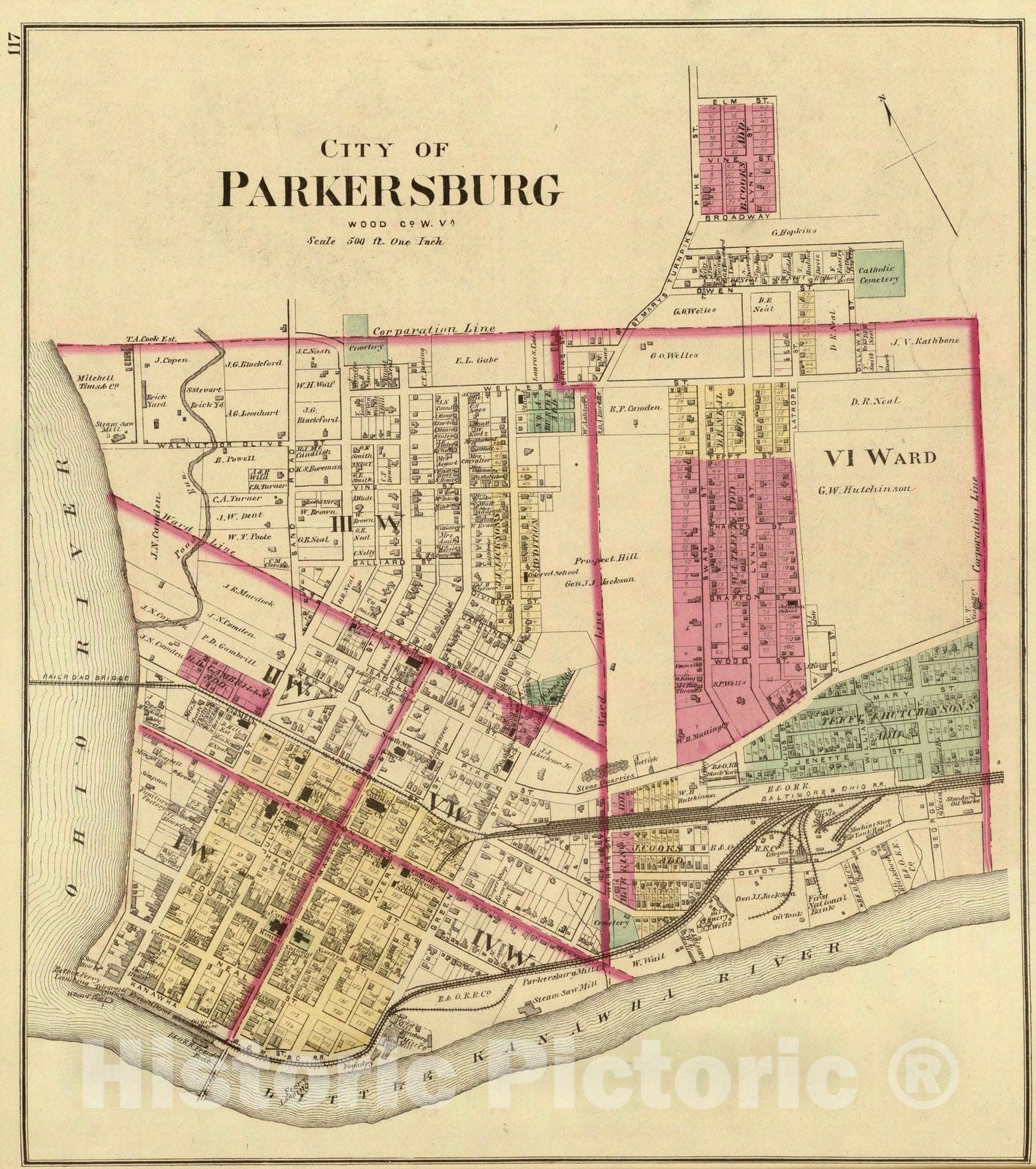 Historic Map : 1877 City of Parkersburg, Wood Co, W. Va. - Vintage Wall Art