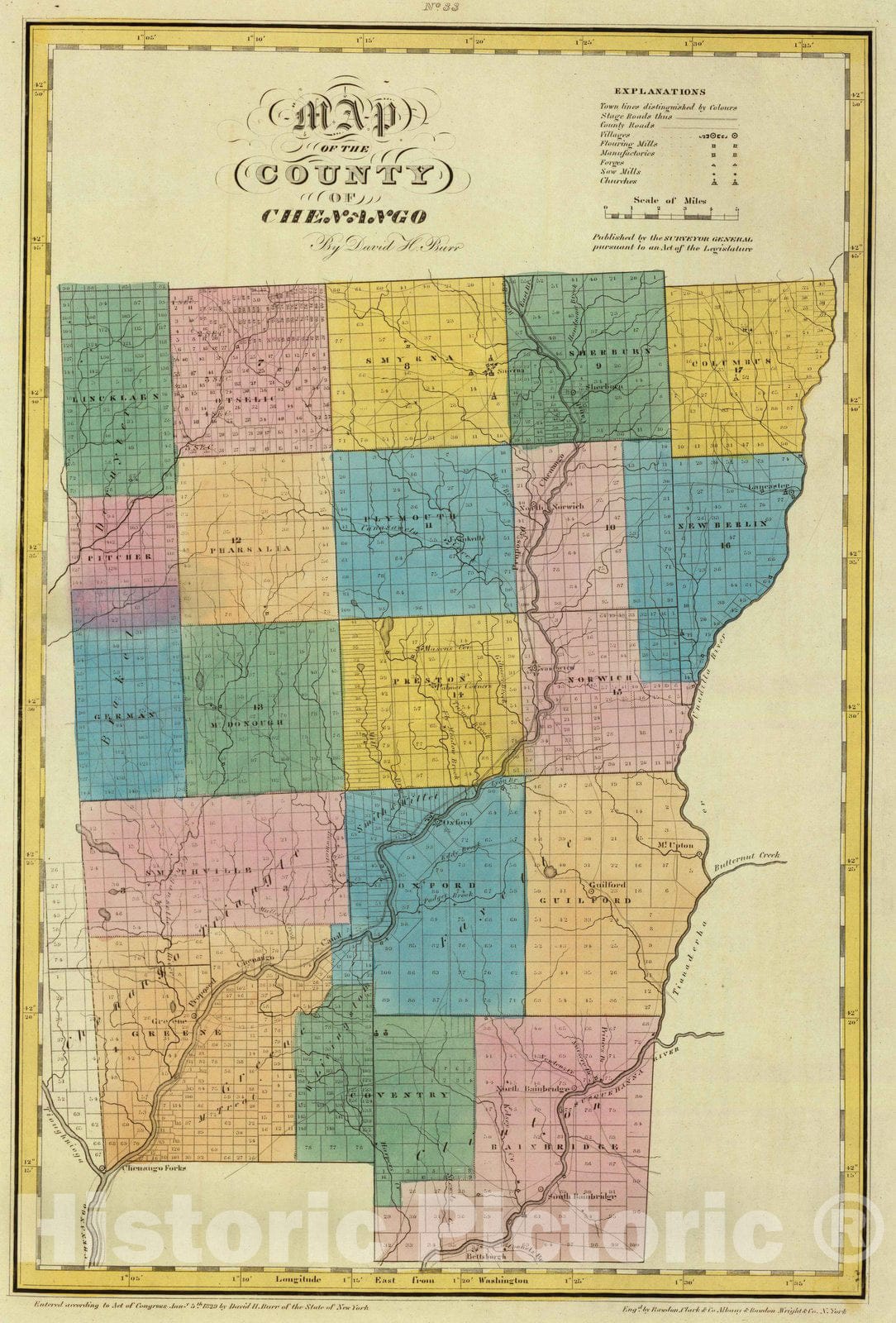 Historic Wall Map 1829 Chenango County. Vintage Wall Art Historic Pictoric