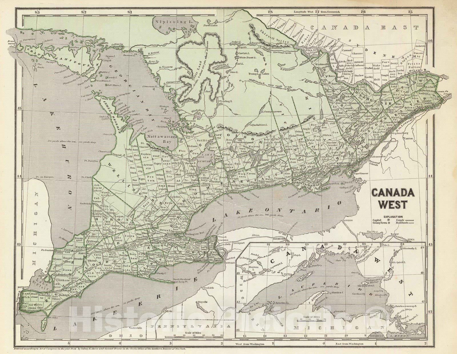 Historic Map : National Atlas - 1845 Canada West. - Vintage Wall Art
