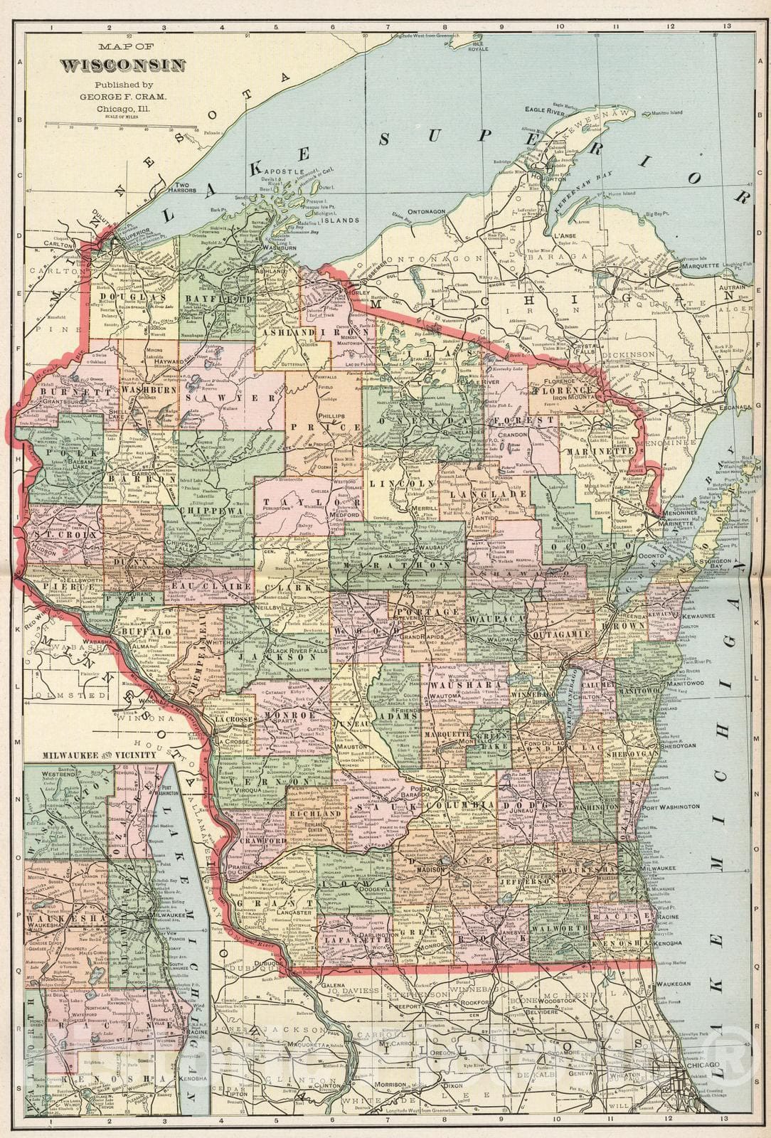 Historic Map : 1901 Map of Wisconsin - Vintage Wall Art