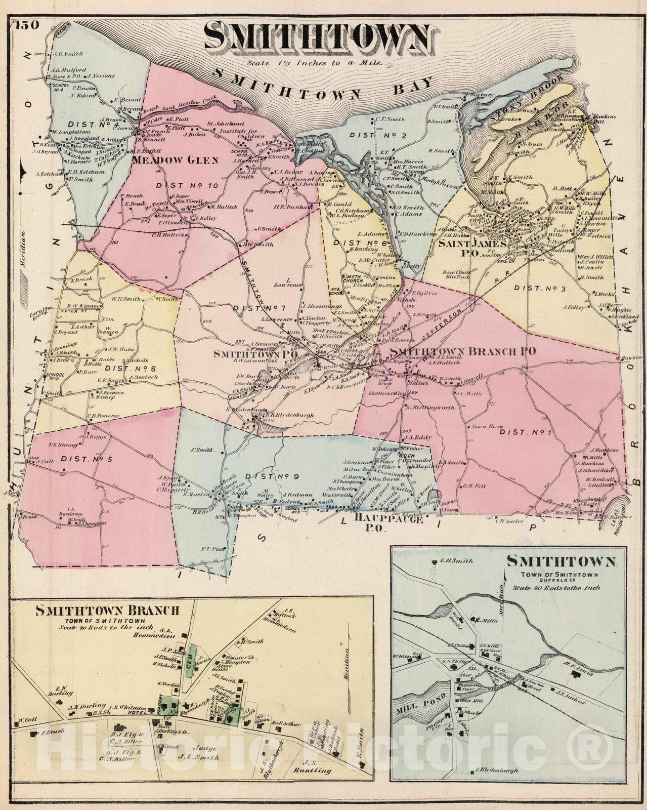 Historic Map : 1873 Smithtown. Long Island. - Vintage Wall Art