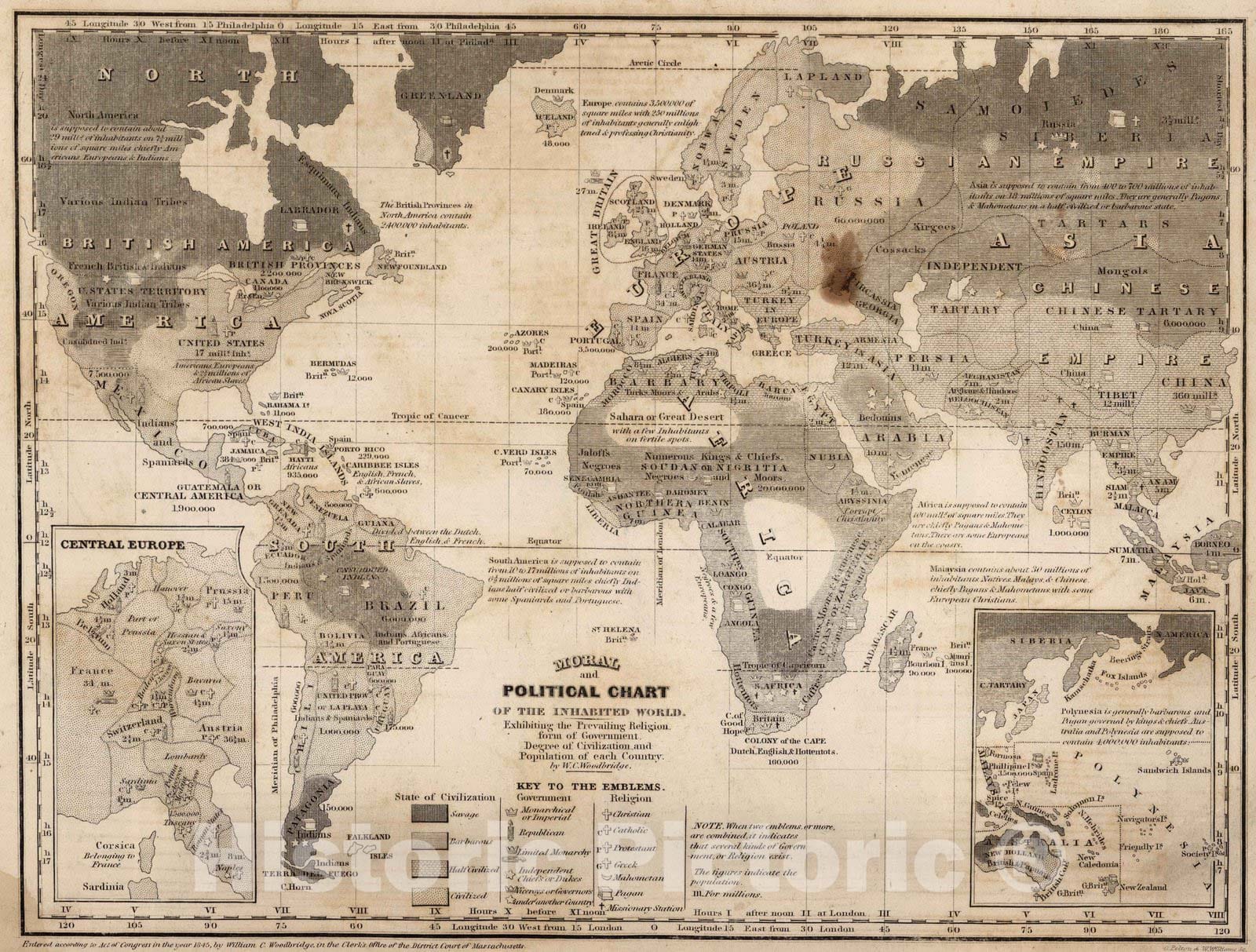 Historic Map : School Atlas - 1849 Moral And Political Chart Of The Inhabited World - Vintage Wall Art