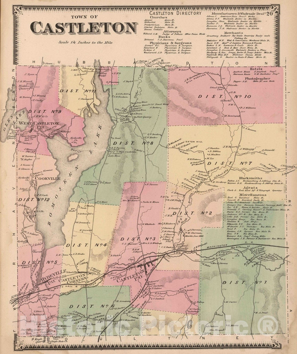 Historic Map : 1869 Castleton, Rutland County, Vermont. - Vintage Wall ...