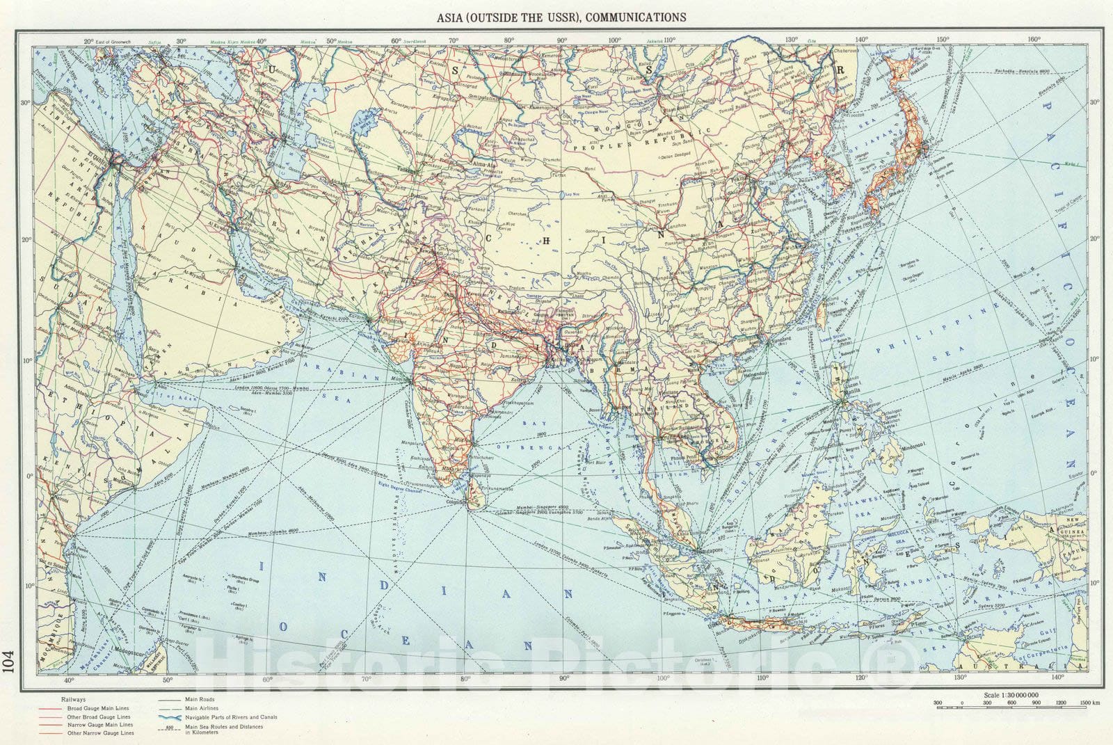 Historic Map : 1967 104. Asia (Outside the USSR) Communications. The World Atlas. - Vintage Wall Art