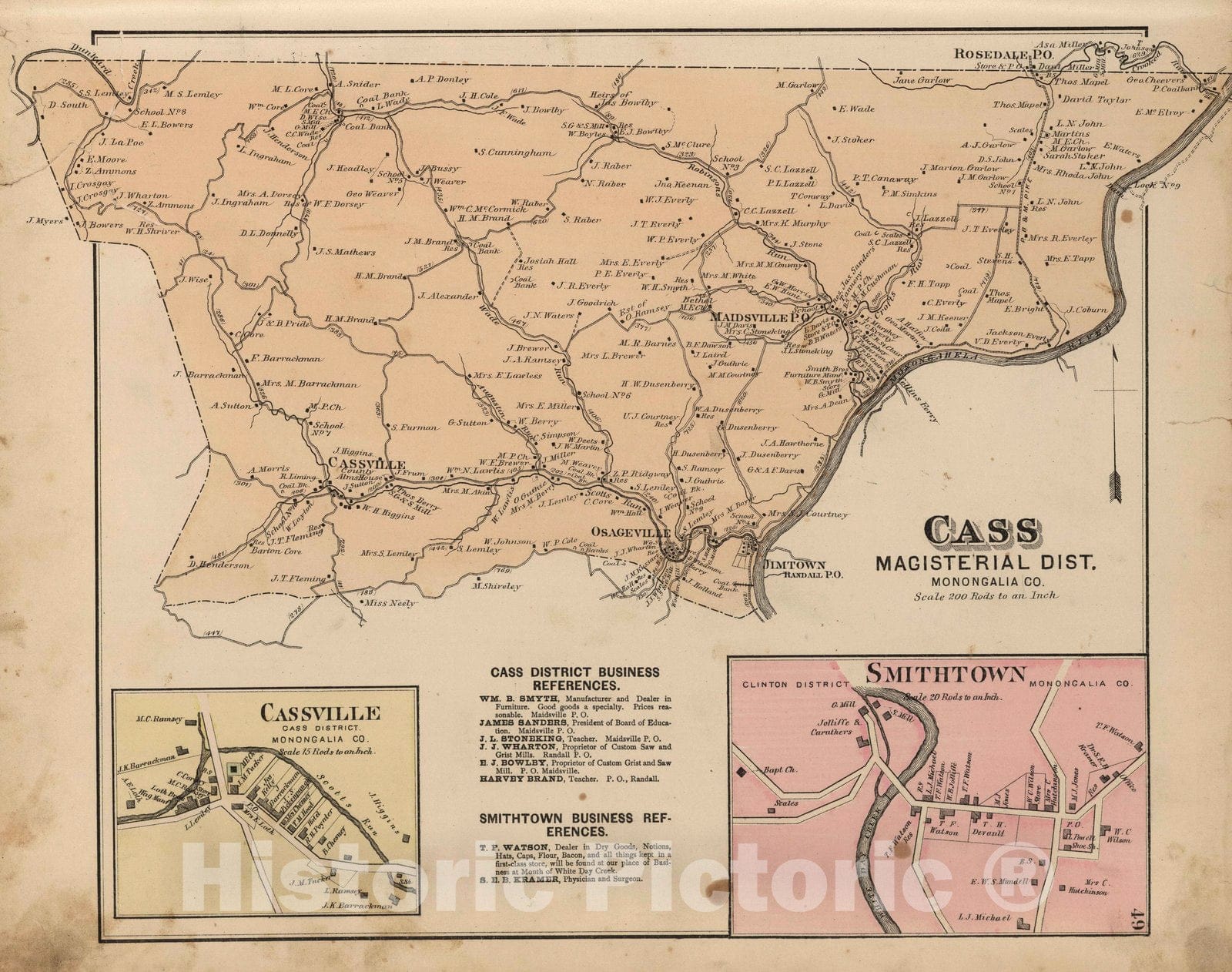 Historic Map : 1886 Cass Magisterial District, Monongalia County, West Virginia. Smithtown. Cassville. - Vintage Wall Art