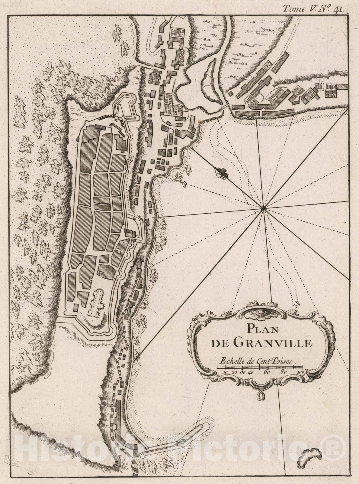Historic Map : France , Granville France, 1764 Plan de Granville. , Vintage Wall Art