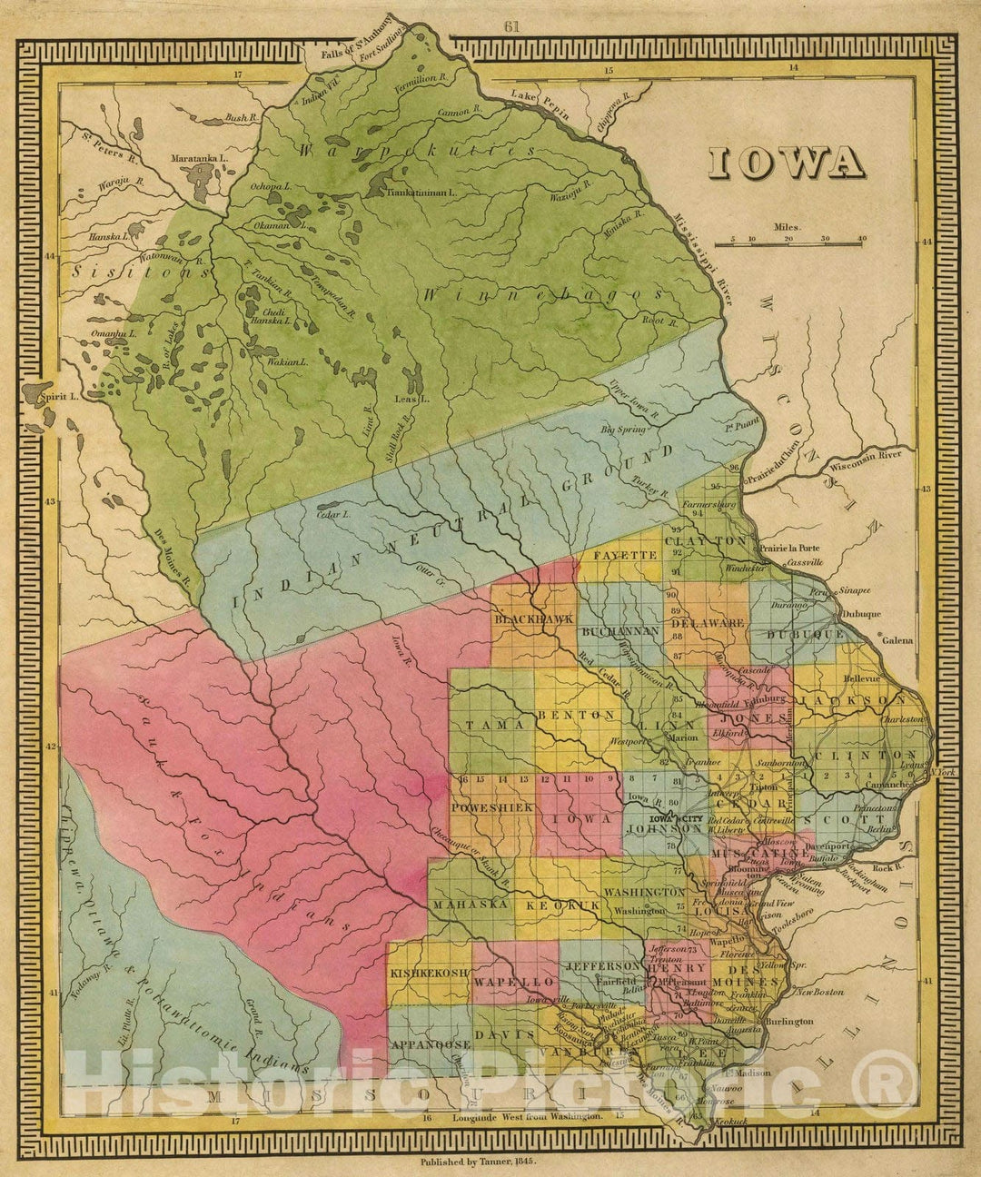 Historic Map : 1845 Iowa. v2 - Vintage Wall Art