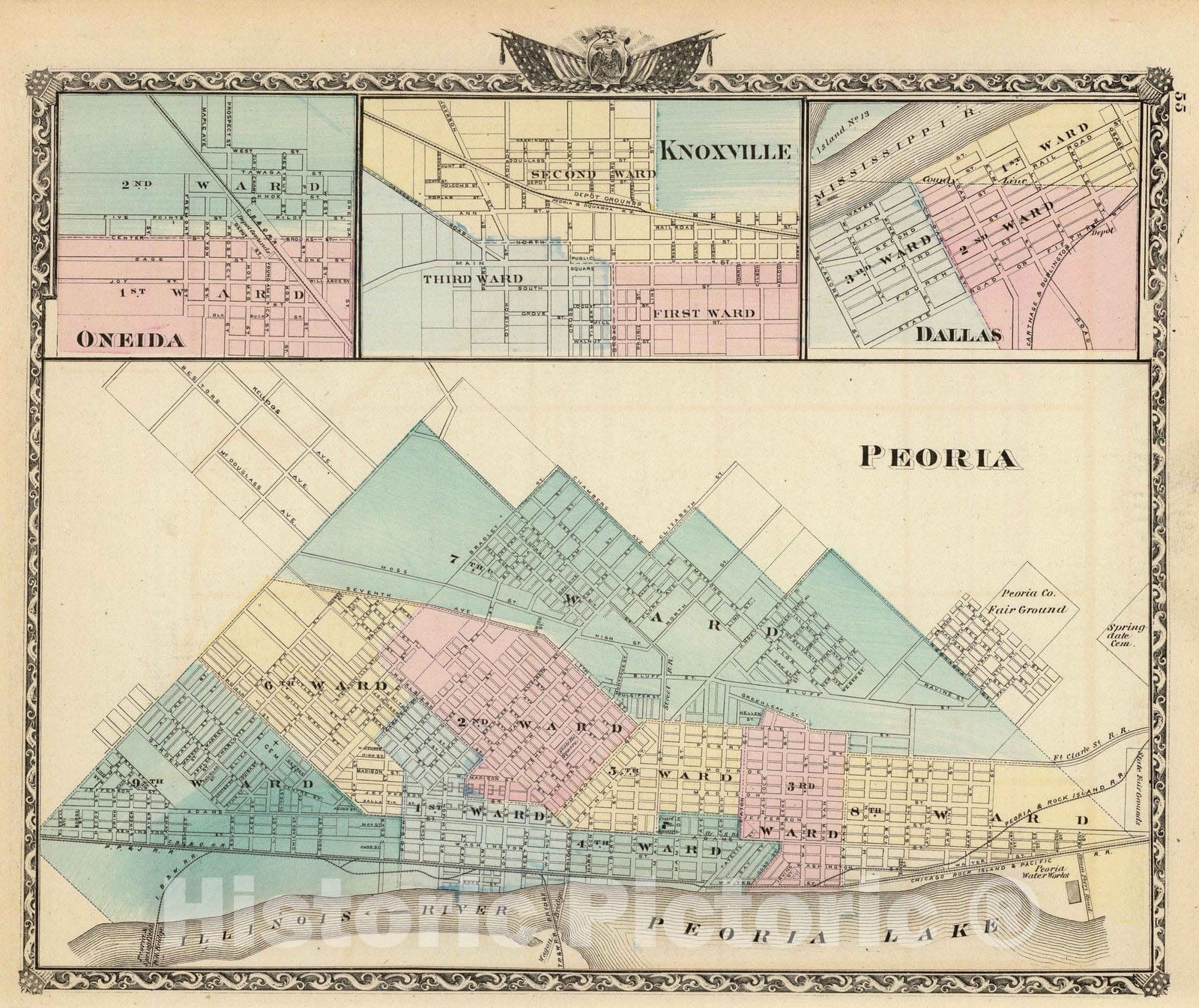 Historic Map : 1876 Peoria, Oneida, Knoxville and Dallas. - Vintage Wall Art