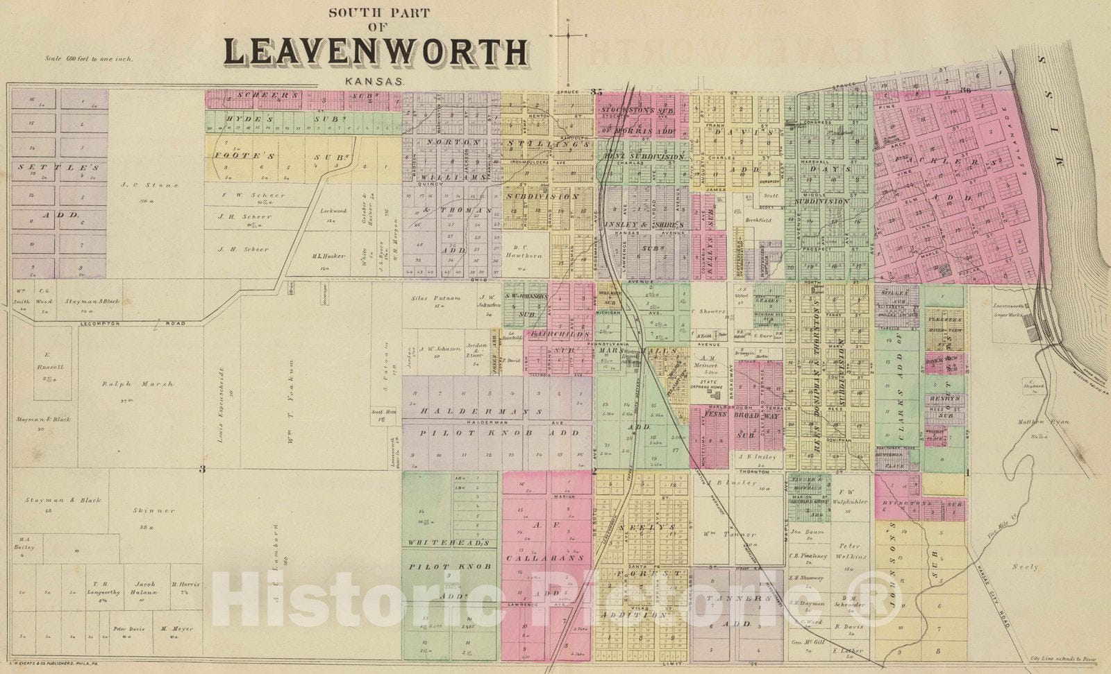 Historic Map 1887 South part of Leavenworth, Kansas. Vintage Wall
