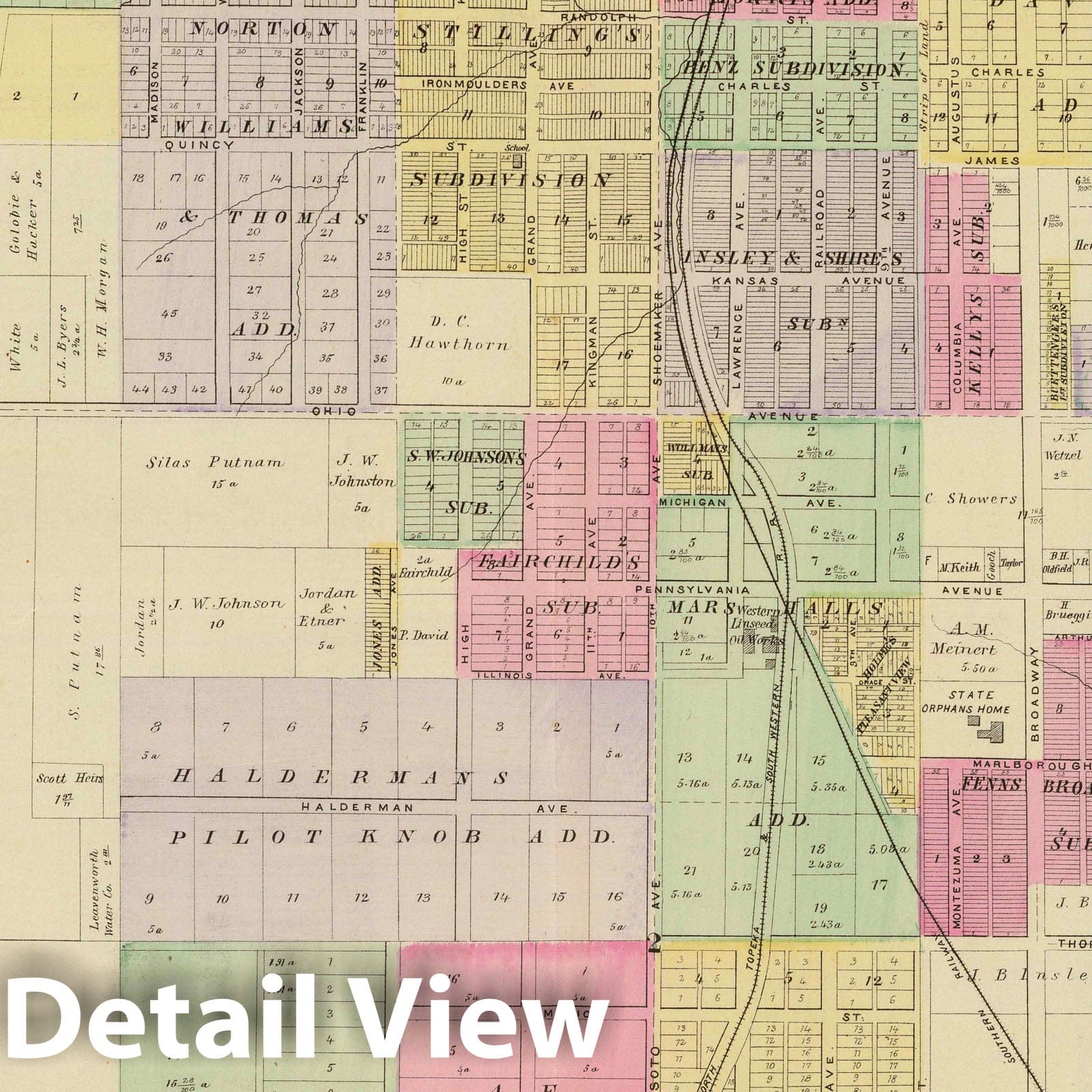 Historic Map 1887 South part of Leavenworth, Kansas. Vintage Wall