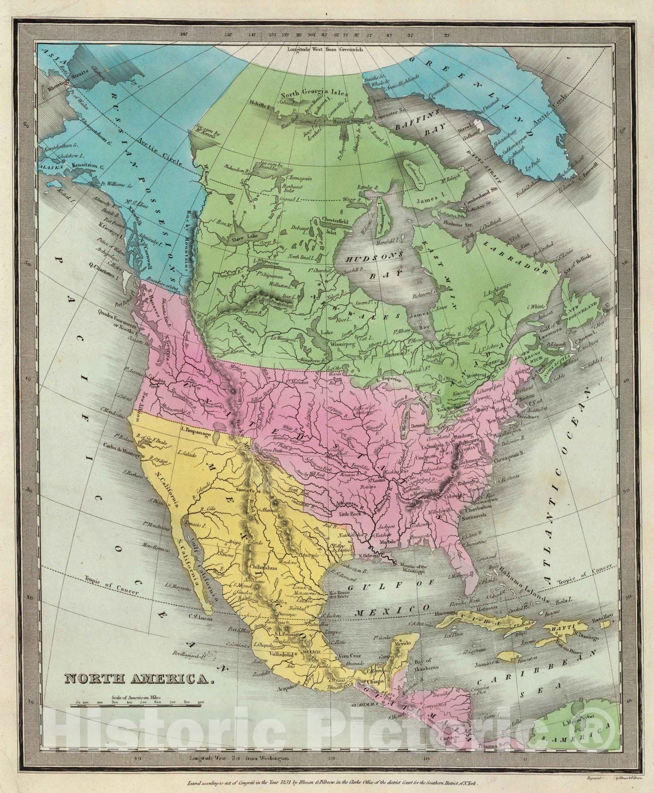 Historic Wall Map : 1835 North America. - Vintage Wall Art