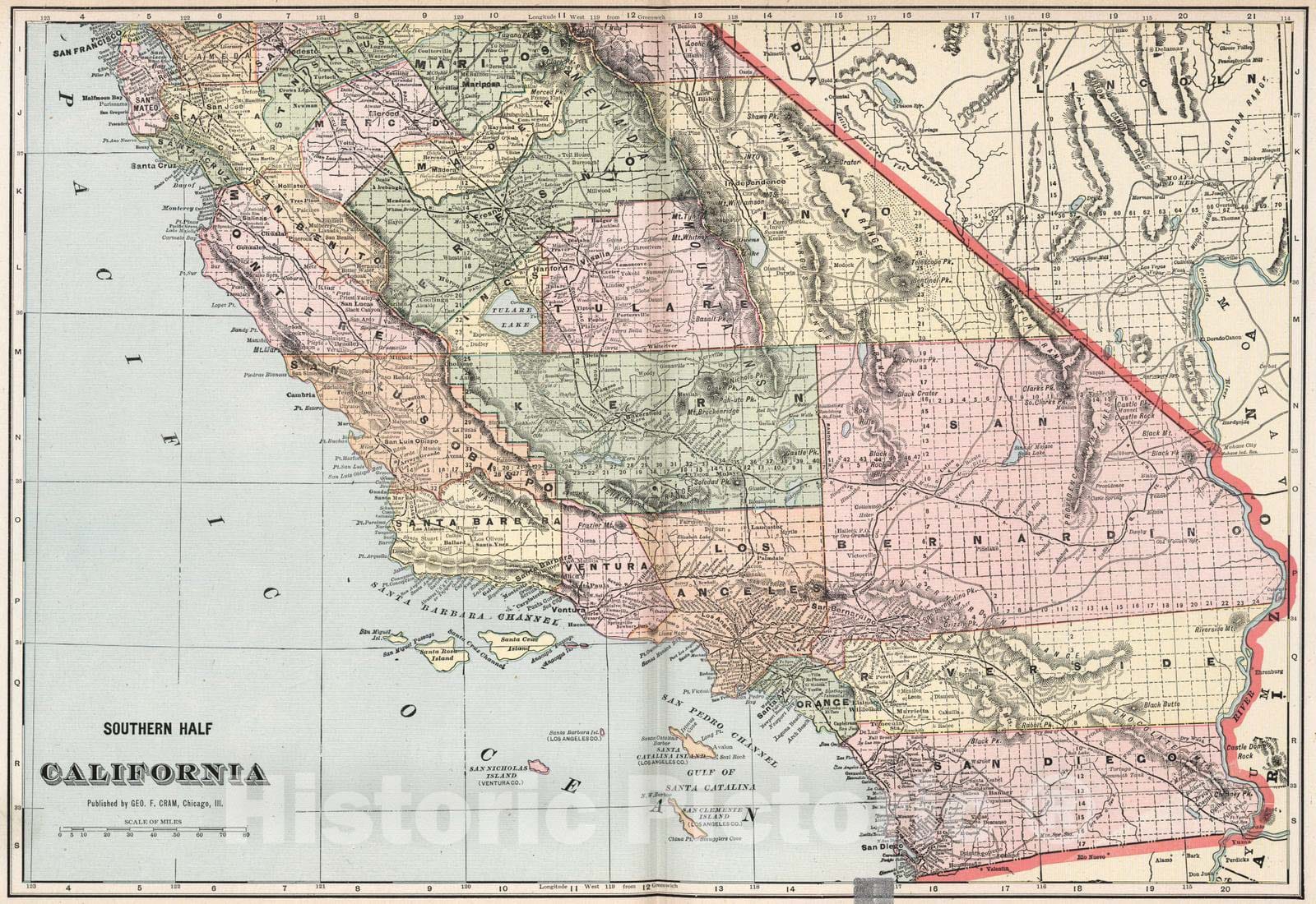 Historic Map : 1901 Southern half of California - Vintage Wall Art