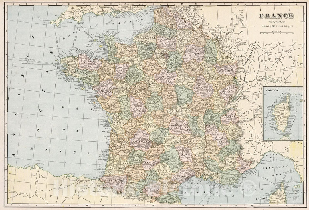 Historic Map : 1901 France and Monaco - Vintage Wall Art