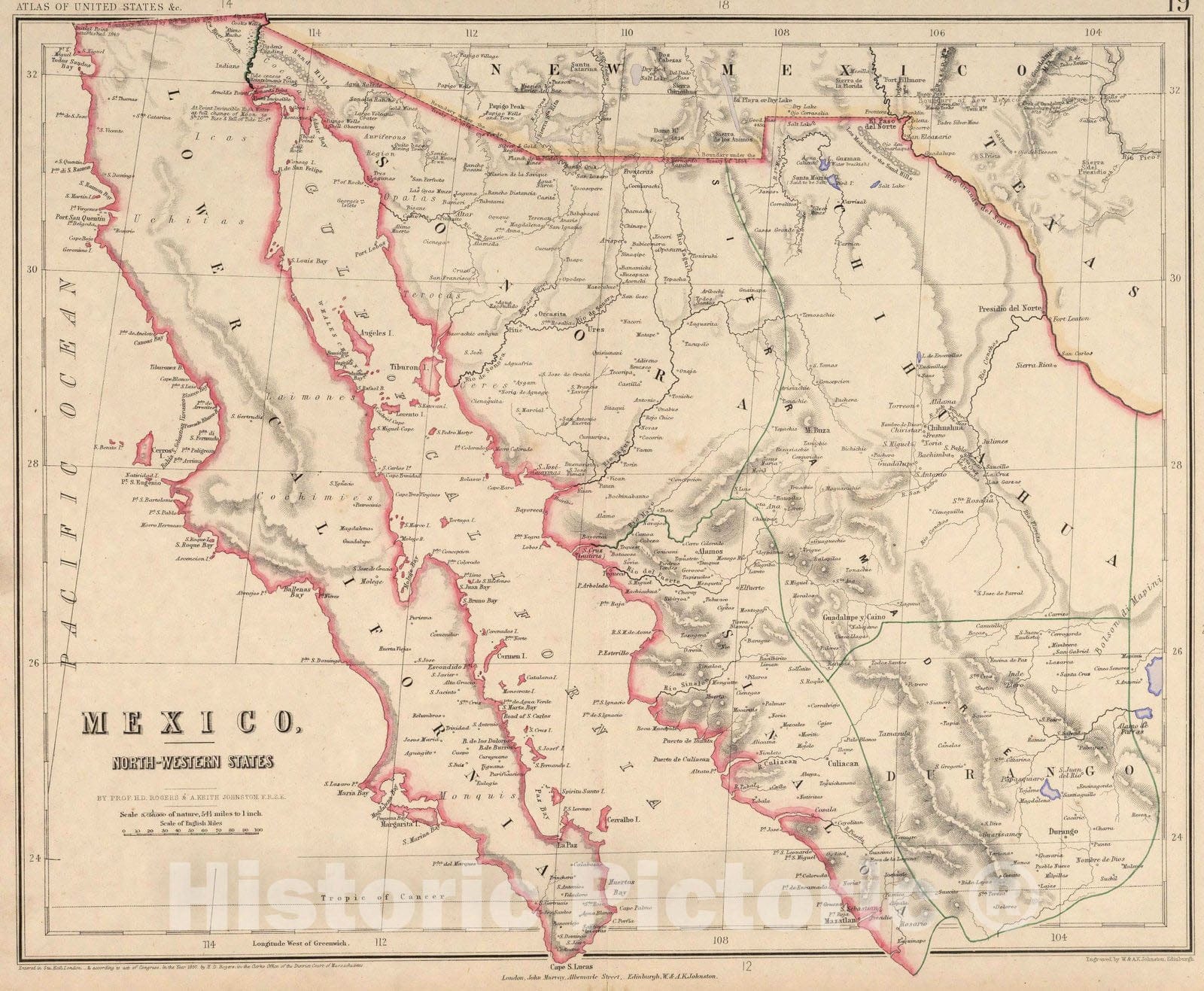 Historic Map : National Atlas - 1857 Mexico, North-western States. - Vintage Wall Art