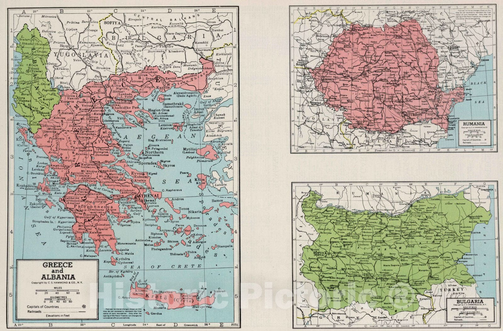Historic Map : 1948 Greece and Albania. Rumania. Bulgaria. - Vintage Wall Art