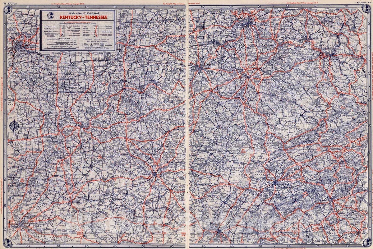 Historic Map : National Atlas - 1939 Rand McNally Road map: Kentucky - Tennessee - Vintage Wall Art