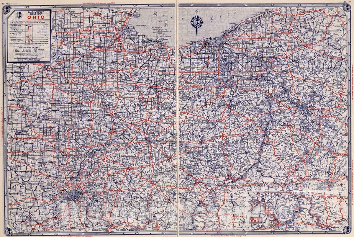 Historic Map : National Atlas - 1939 Rand McNally Road map: Ohio - Vintage Wall Art