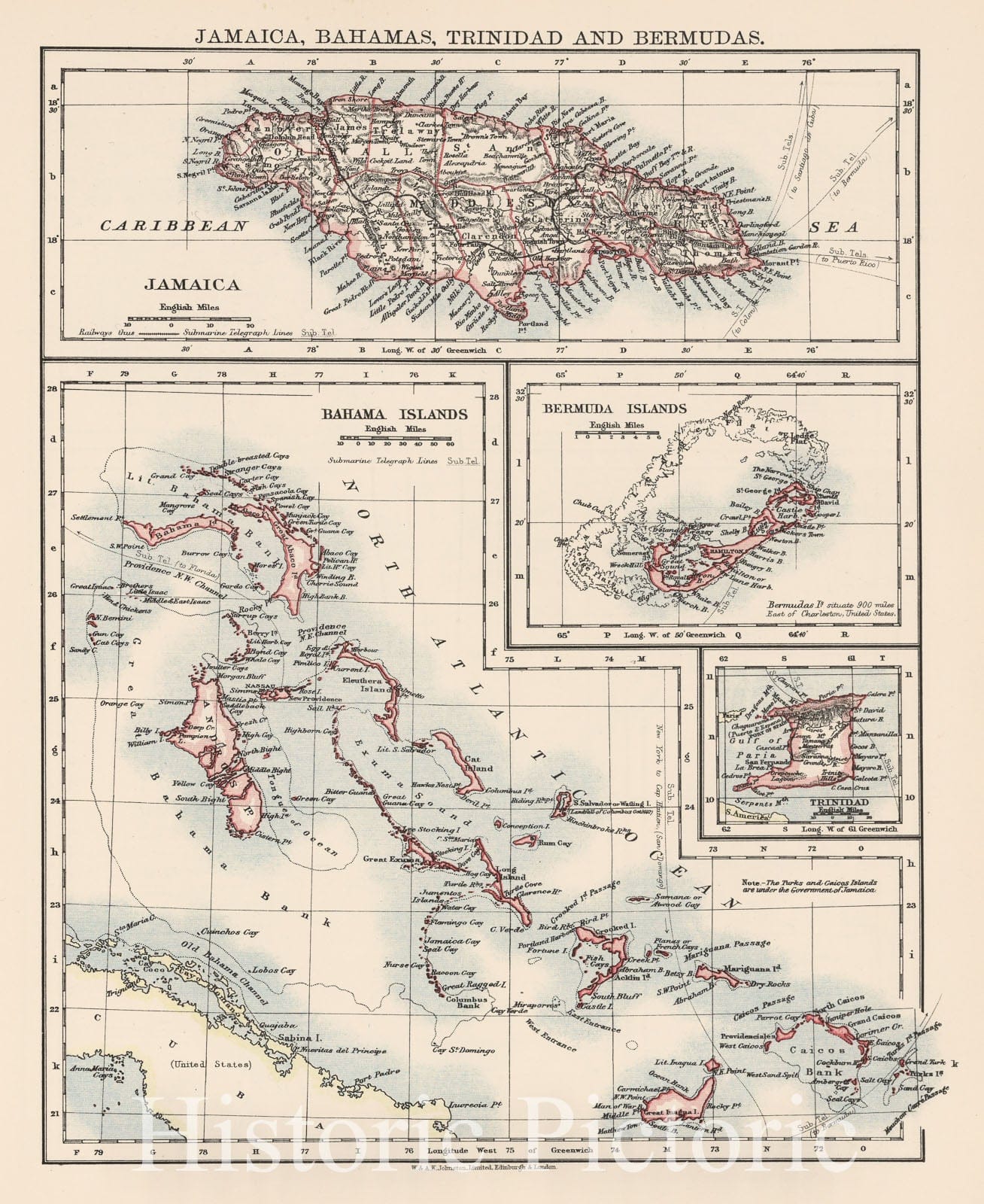 Historic Map : 1906 Bahama Islands. Jamaica. Bermuda Islands. Trinidad. - Vintage Wall Art