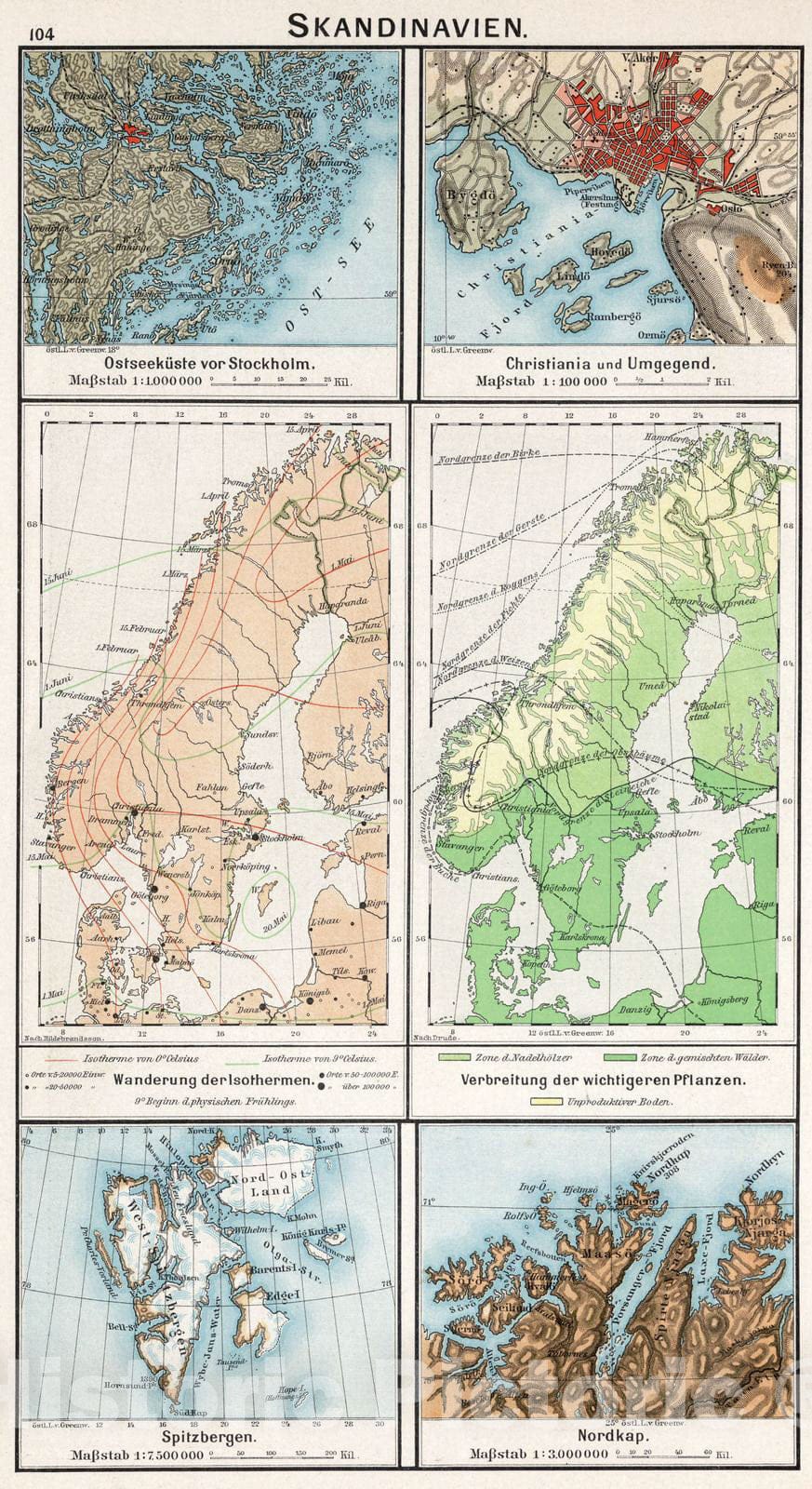 Historic Wall Map : Scandanavia, Europe 1896 Skandinavien. Wanderung der Isothermen. Verbreitung der wichtigeren Pflanzen , Vintage Wall Art